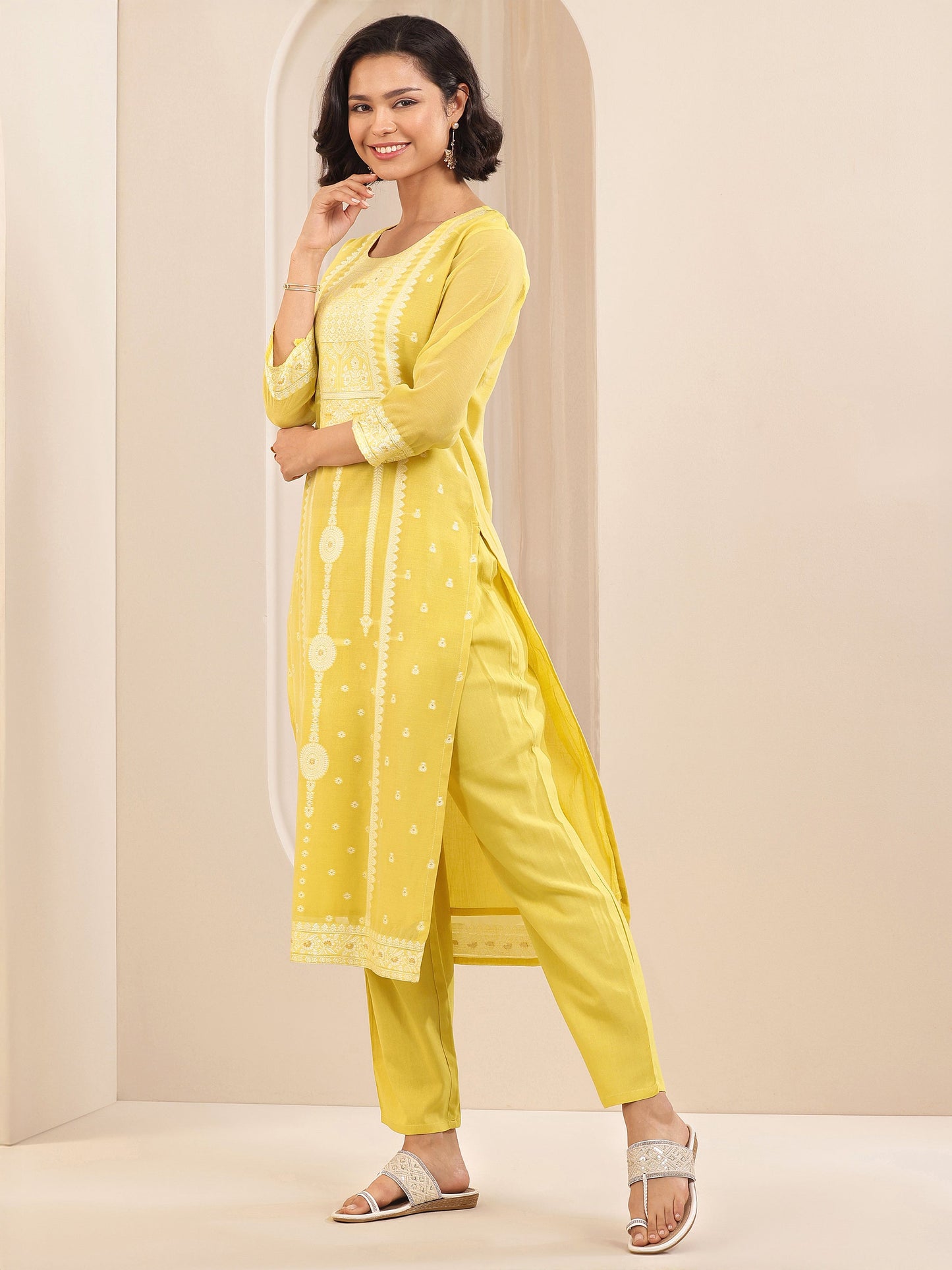 Yellow Self Design Chanderi Silk Straight Suit Sets With Dupatta