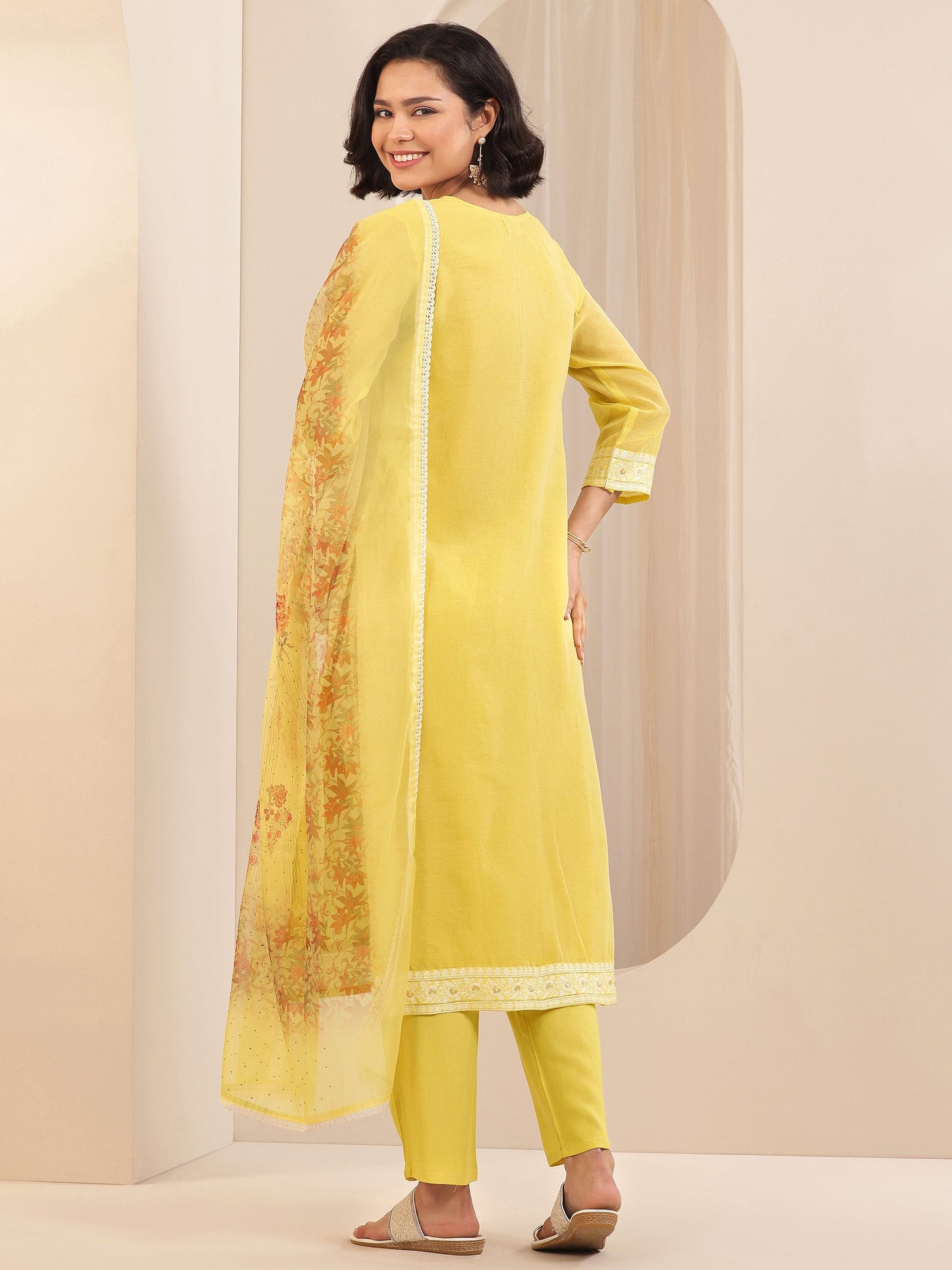 Yellow Self Design Chanderi Silk Straight Suit Sets With Dupatta
