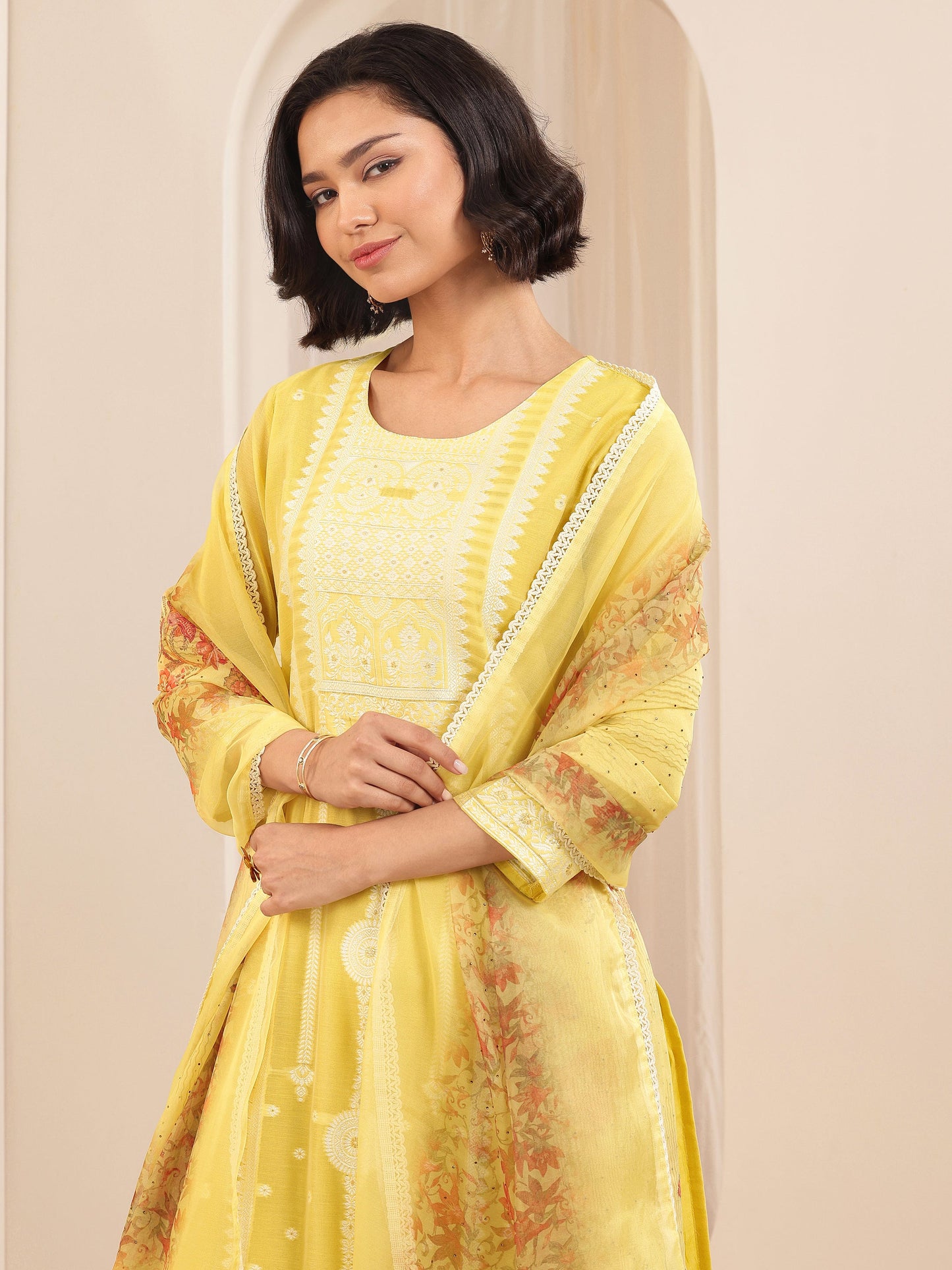 Yellow Self Design Chanderi Silk Straight Suit Sets With Dupatta