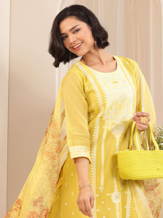 Yellow Self Design Chanderi Silk Straight Suit Sets With Dupatta