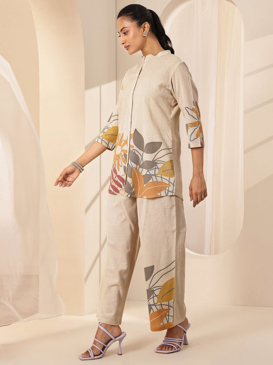 Off White Printed Cotton Blend Co-Ord Sets