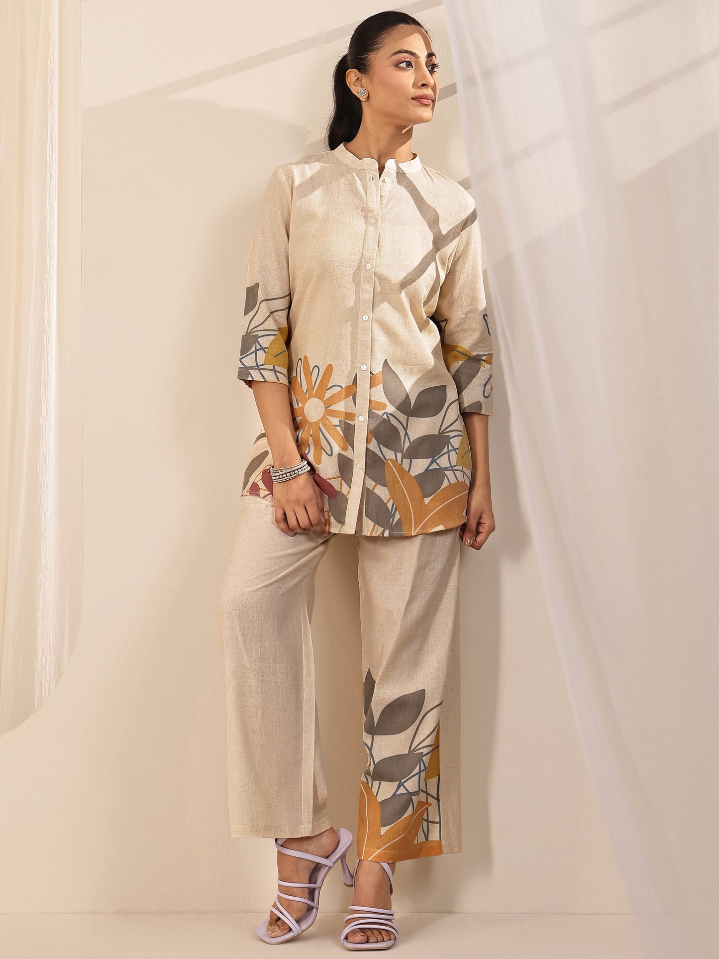 Off White Printed Cotton Blend Co-Ord Sets