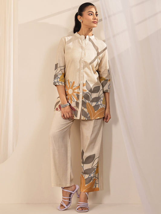 Off White Printed Cotton Blend Co-Ord Sets