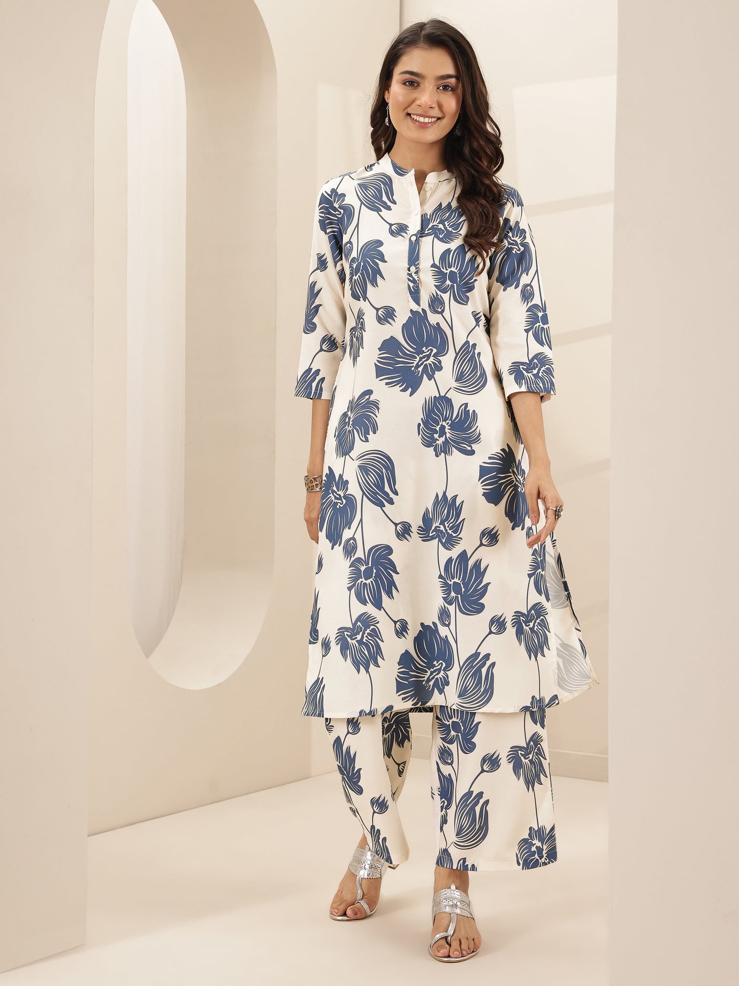 White Printed Cotton Blend Straight Kurta Set