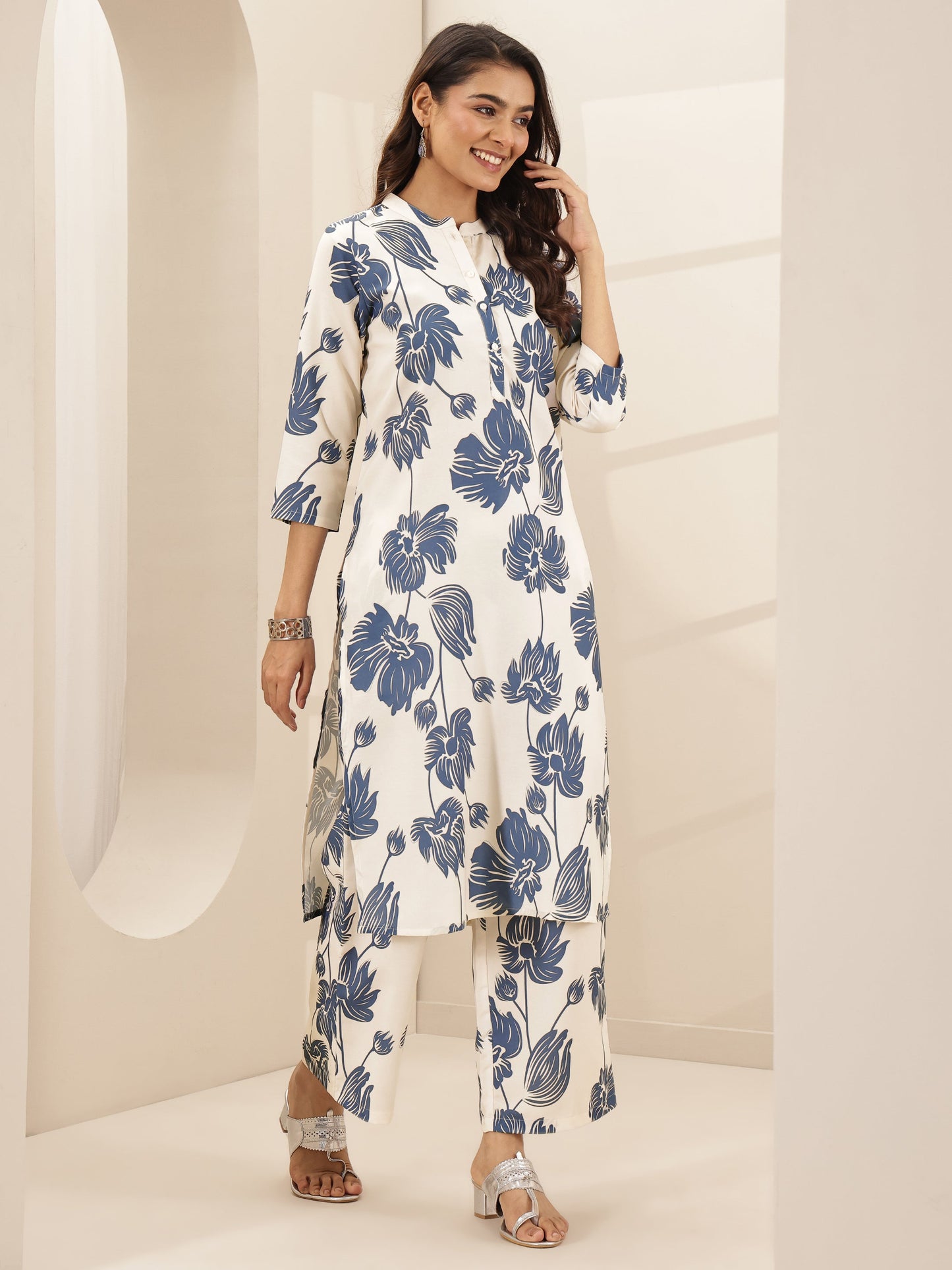 White Printed Cotton Blend Straight Kurta Set