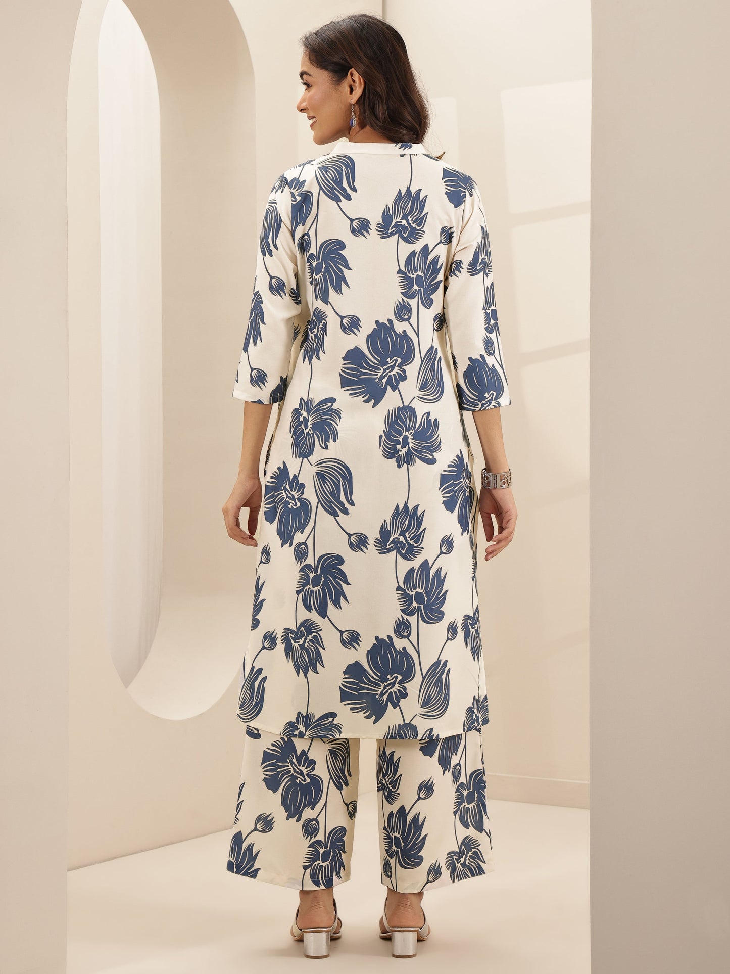 White Printed Cotton Blend Straight Kurta Set