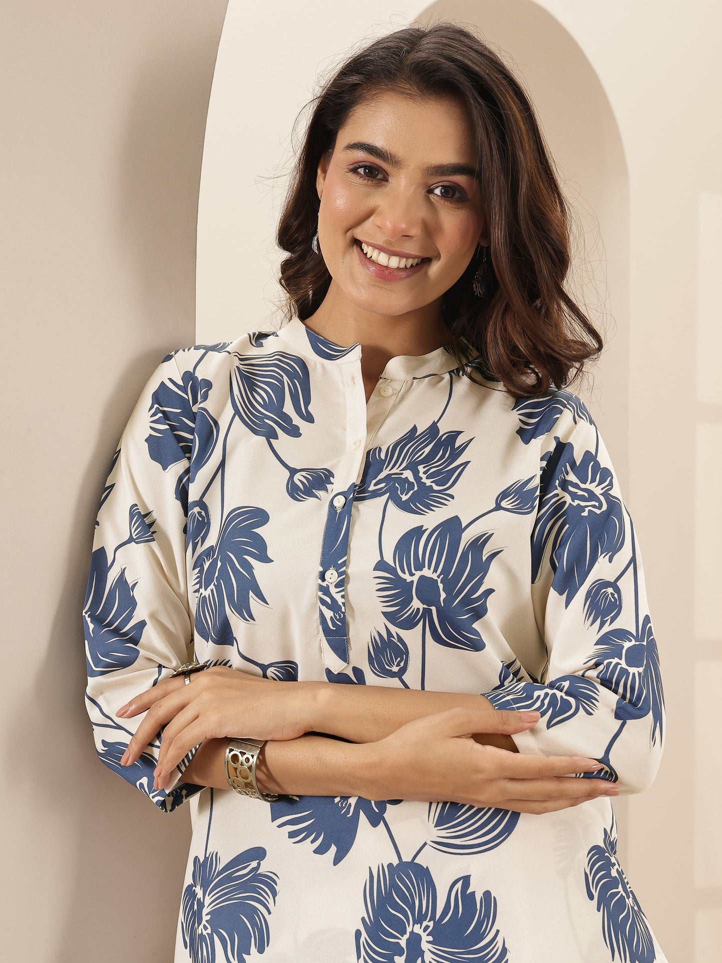 White Printed Cotton Blend Straight Kurta Set