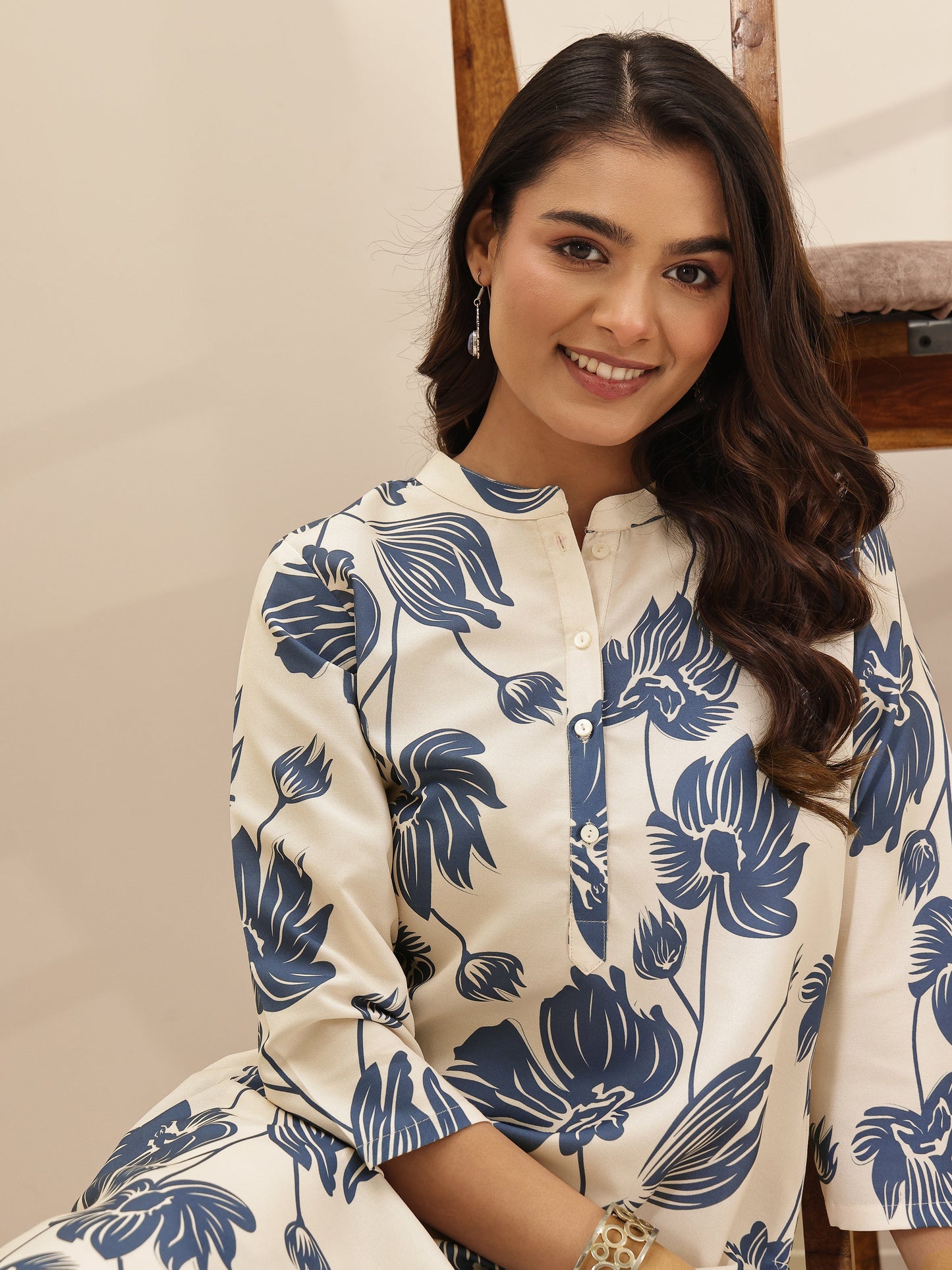 White Printed Cotton Blend Straight Kurta Set