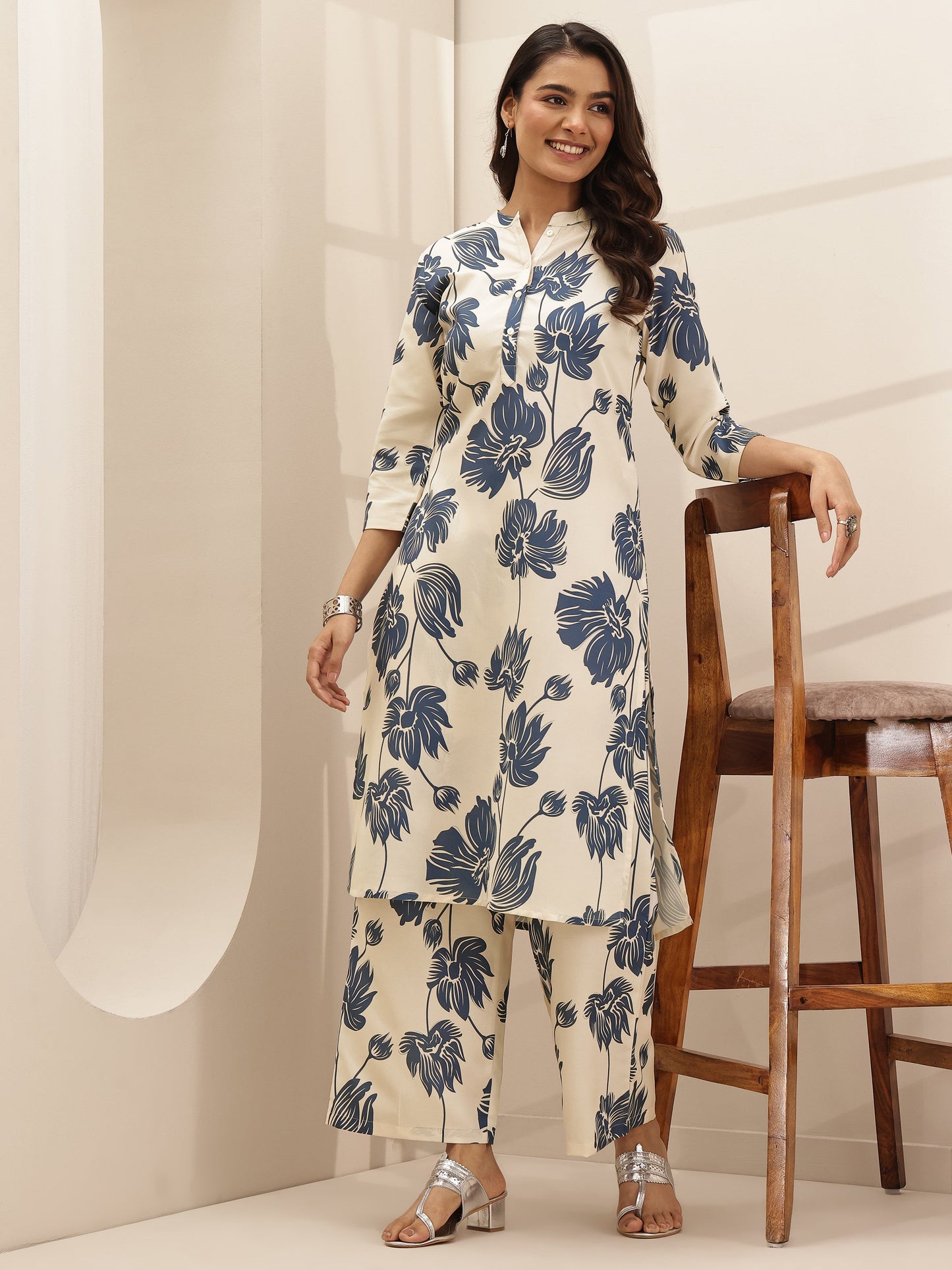 White Printed Cotton Blend Straight Kurta Set