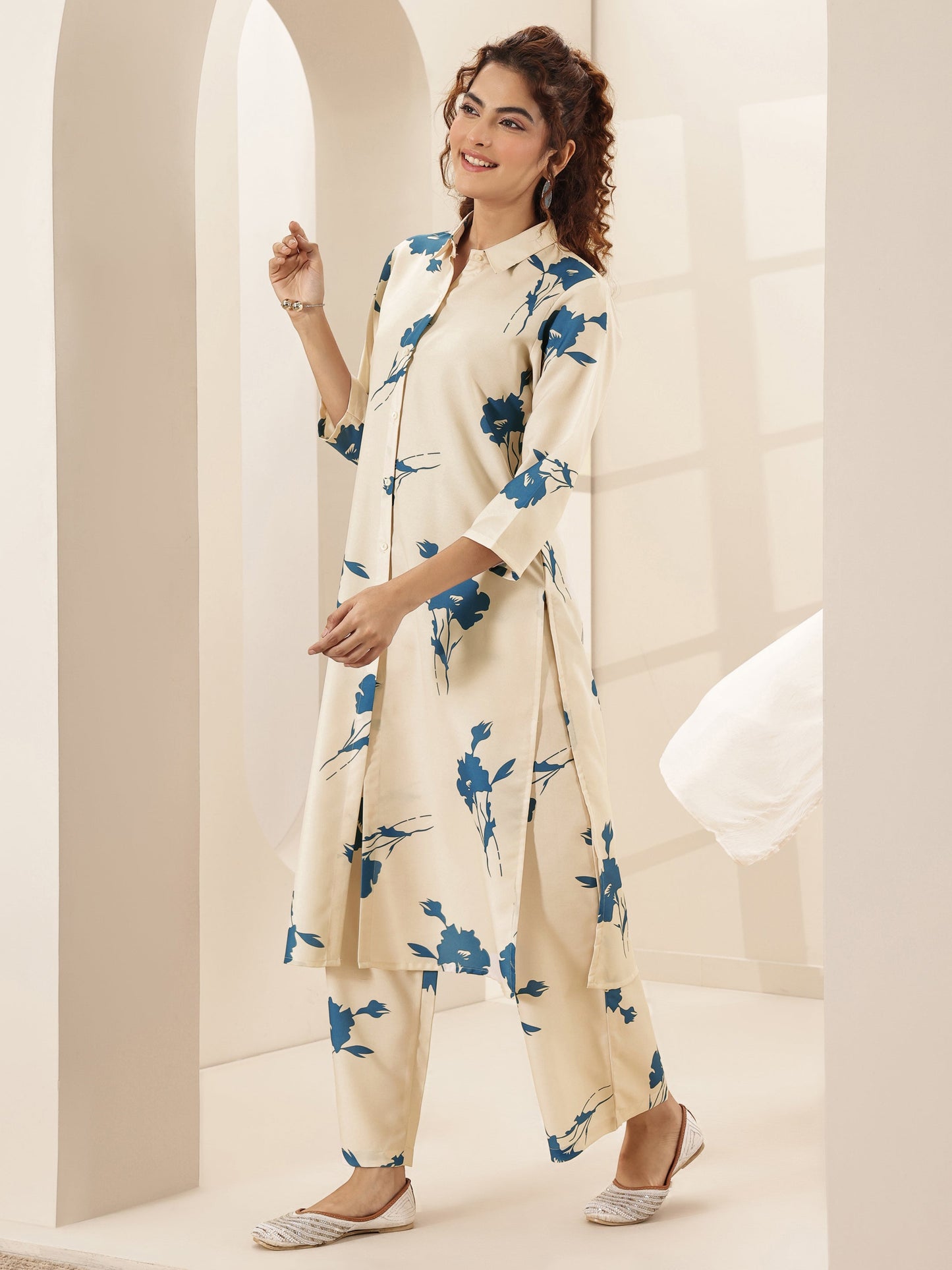 White Printed Cotton Blend Straight Kurta Set