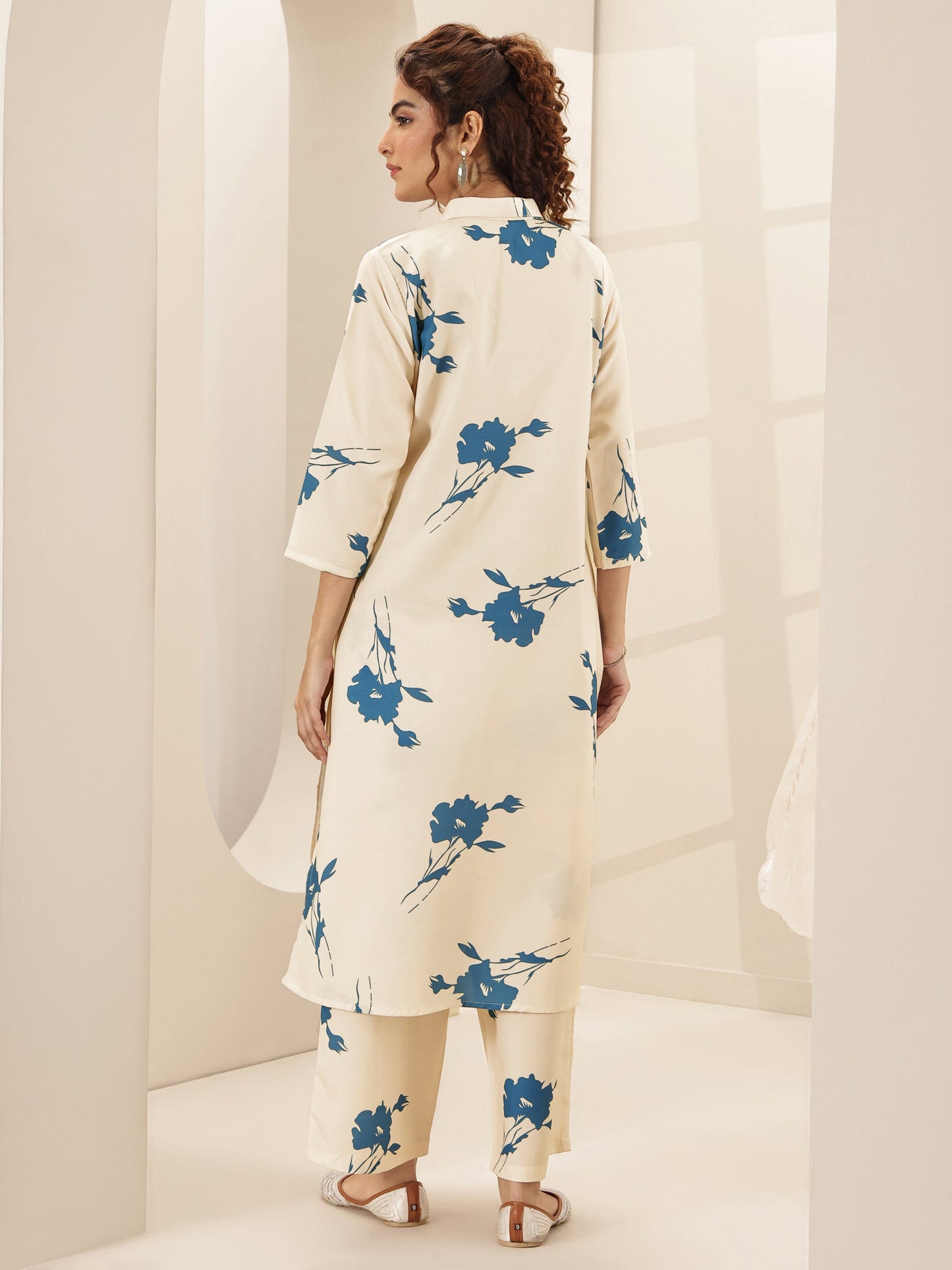 White Printed Cotton Blend Straight Kurta Set