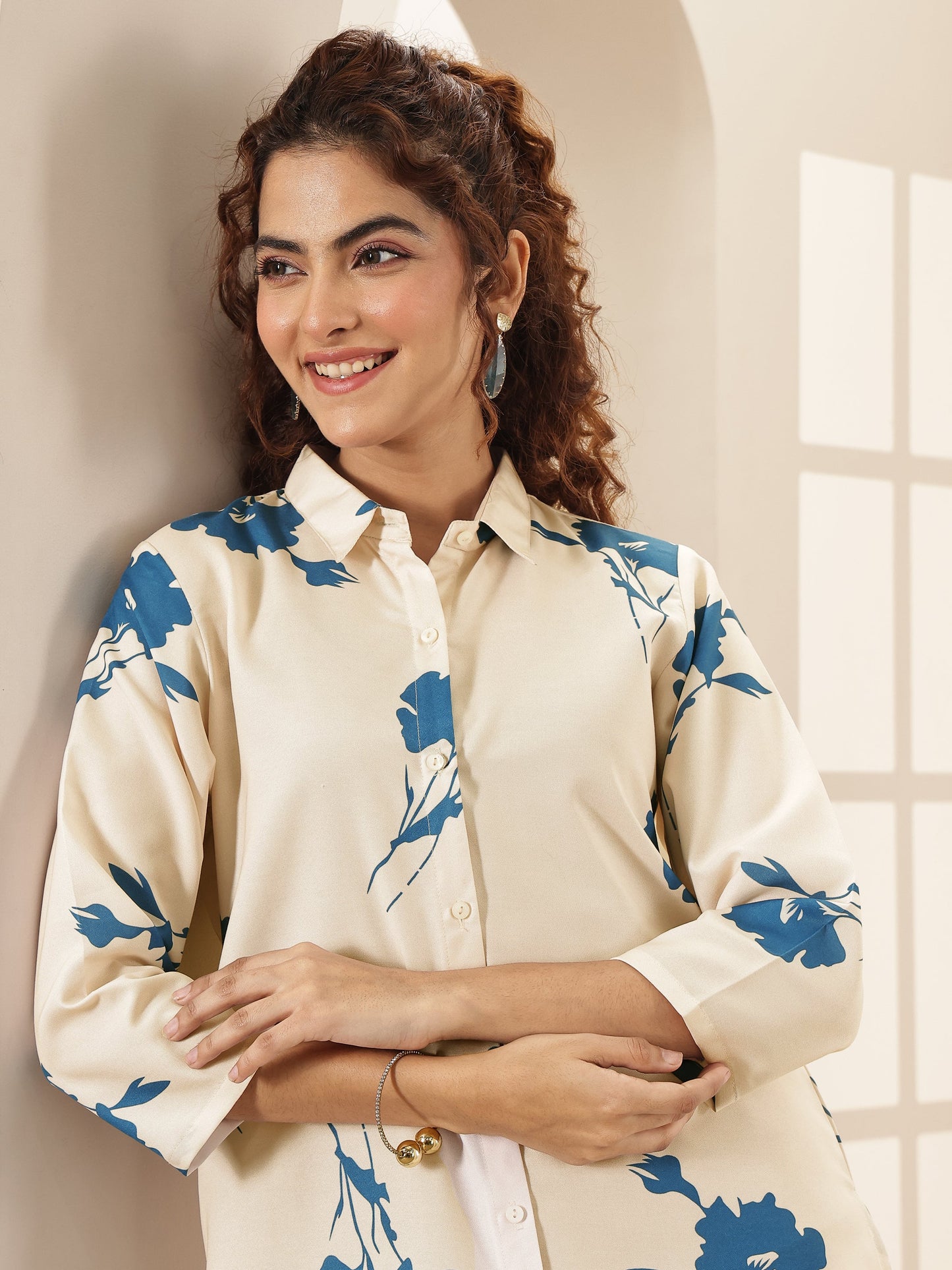 White Printed Cotton Blend Straight Kurta Set