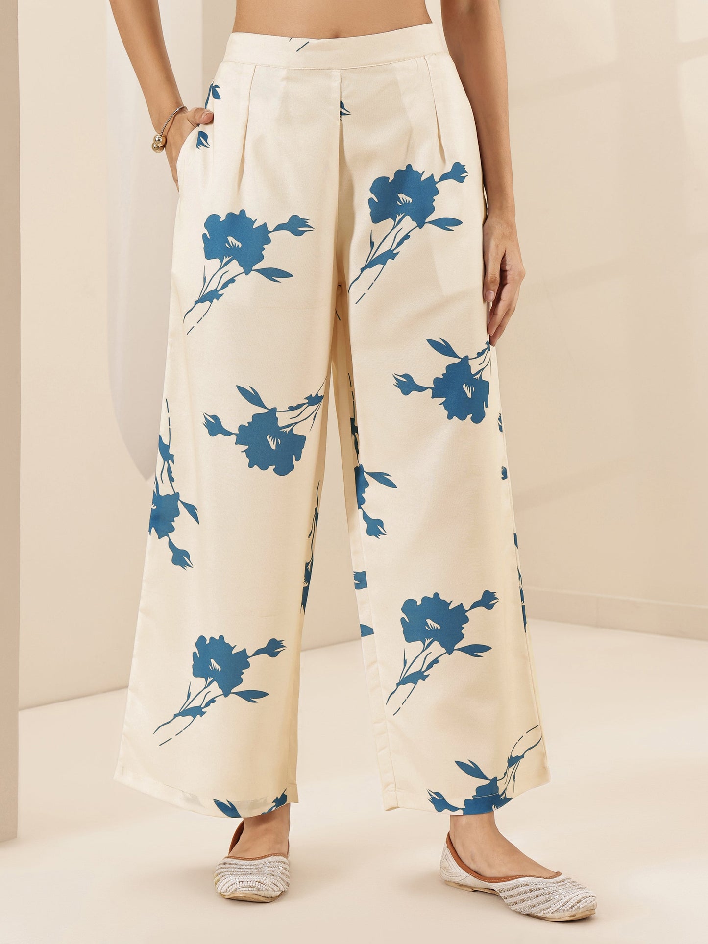 White Printed Cotton Blend Straight Kurta Set