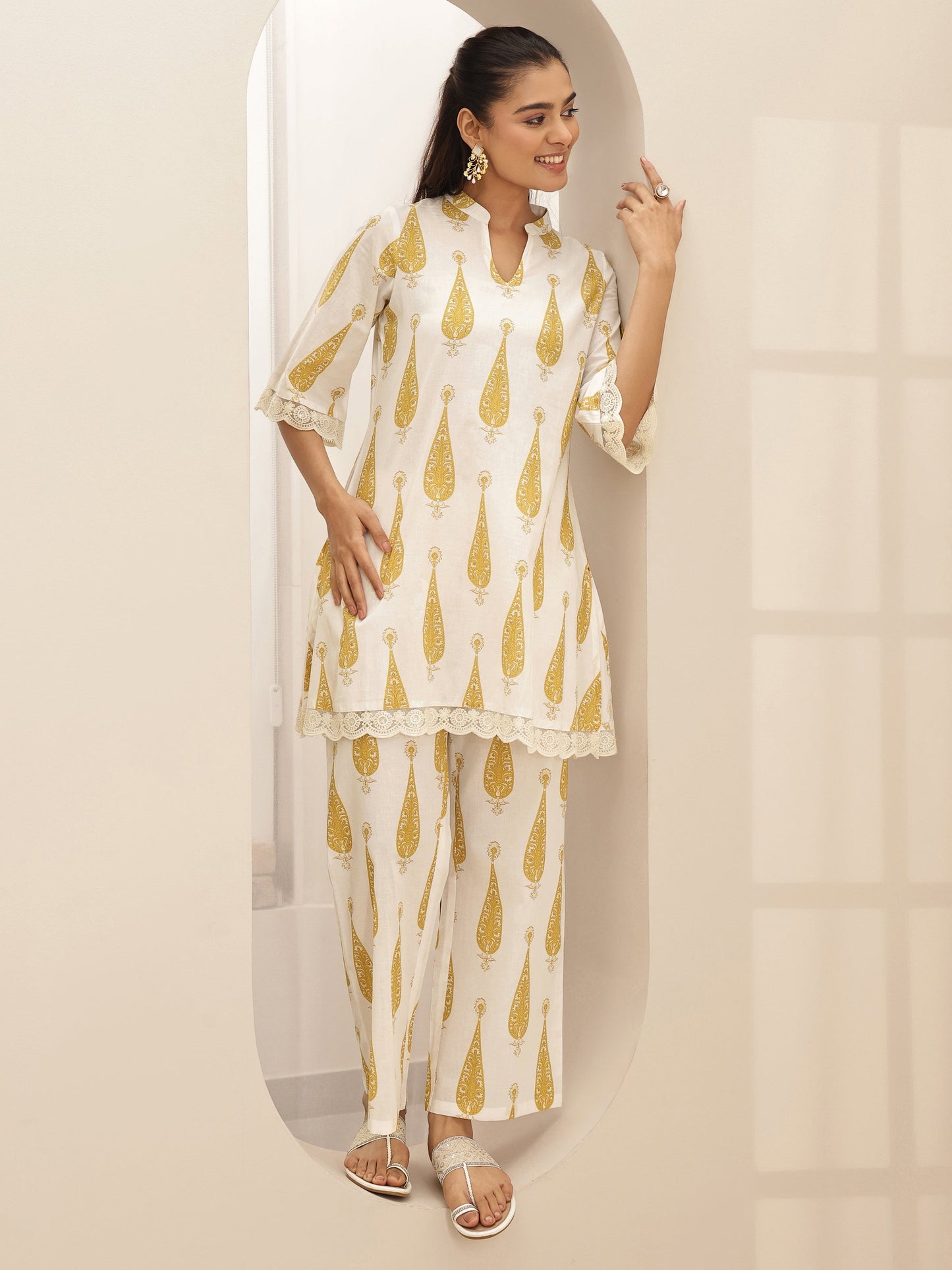 White Printed Cotton A-line Kurta Set