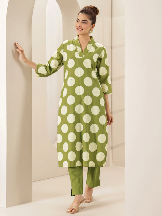 Green  Printed Cotton Straight Kurta Set
