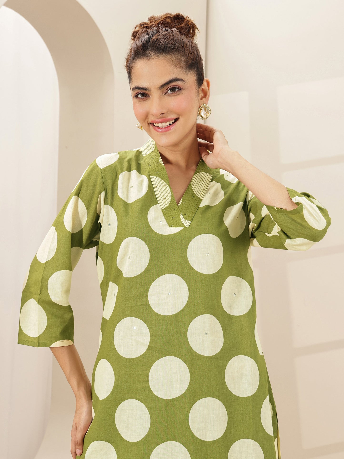 Green  Printed Cotton Straight Kurta Set