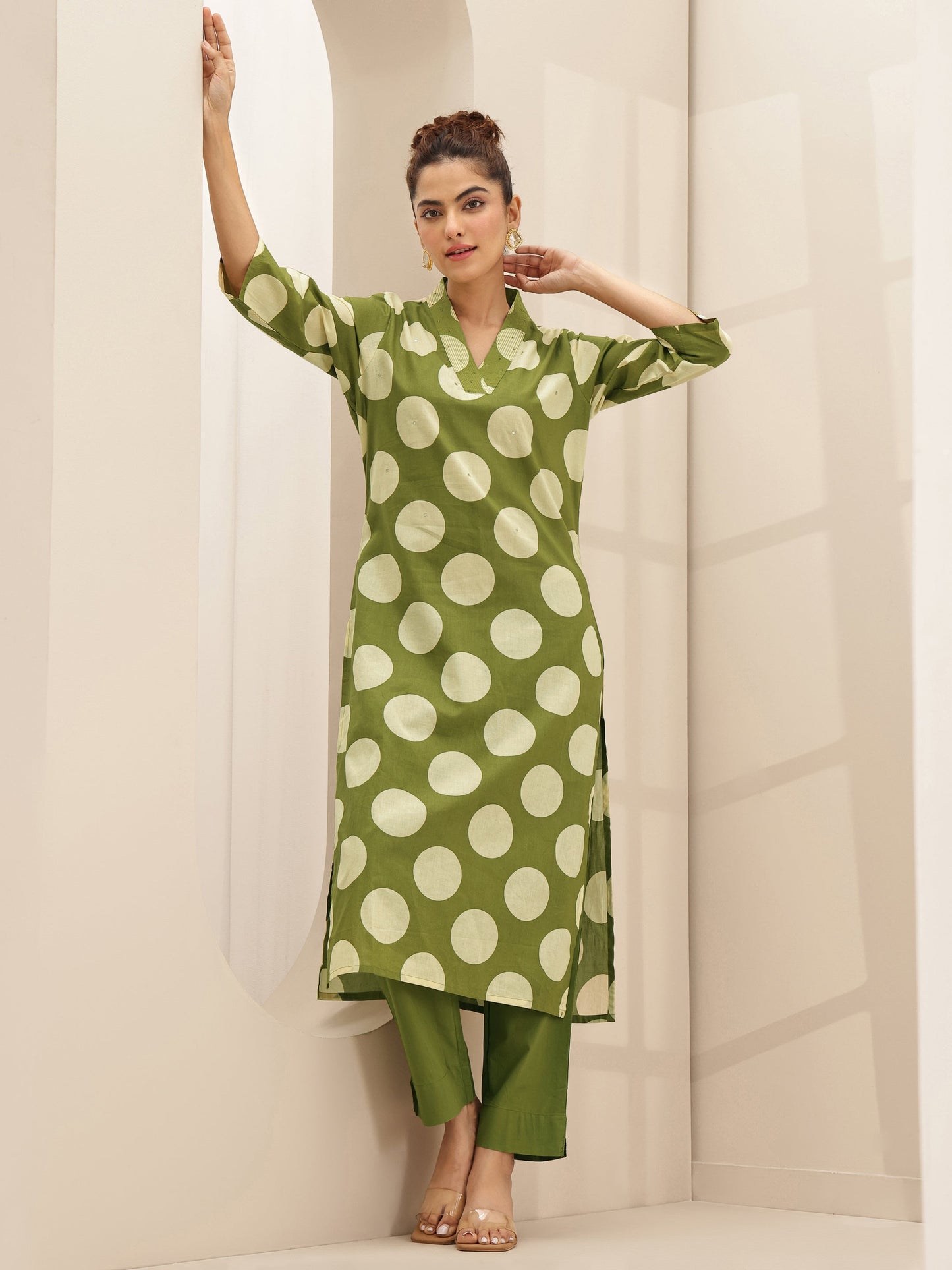 Green  Printed Cotton Straight Kurta Set