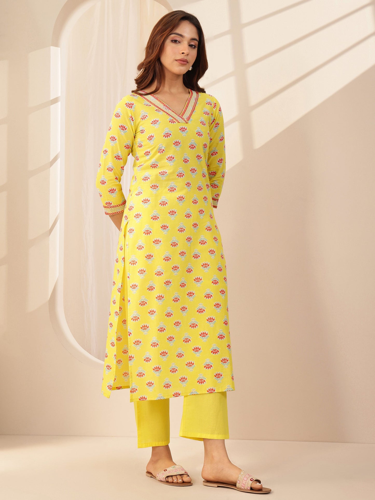 Yellow Printed Cotton Straight Suit Sets With Dupatta
