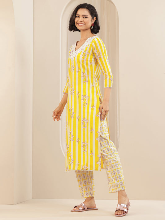 Yellow Printed Cotton Straight Suit Sets With Dupatta