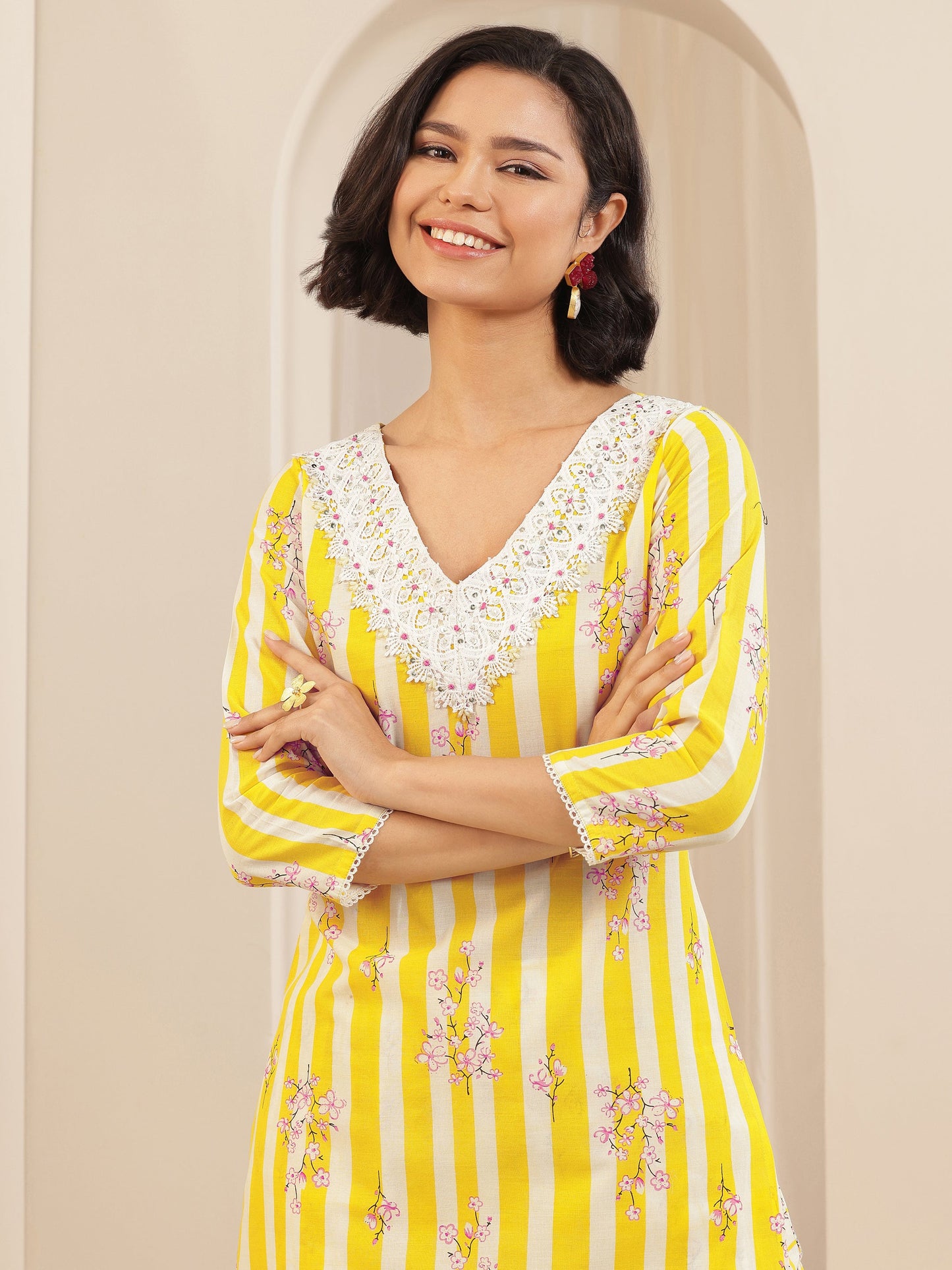 Yellow Printed Cotton Straight Suit Sets With Dupatta