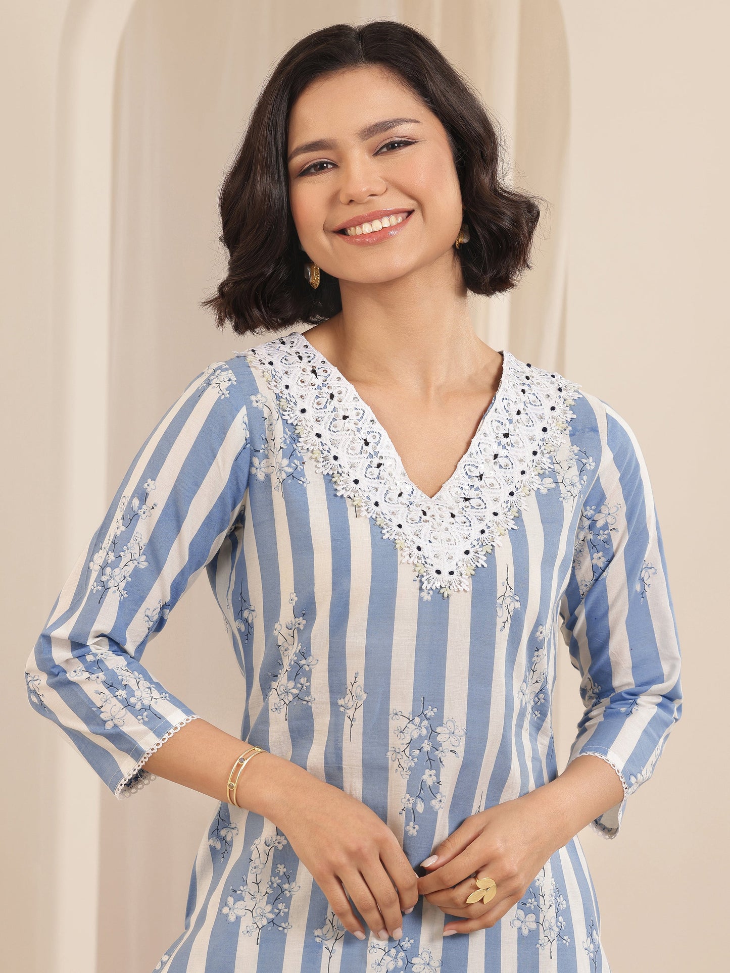 Blue Printed Cotton Straight Suit Sets With Dupatta