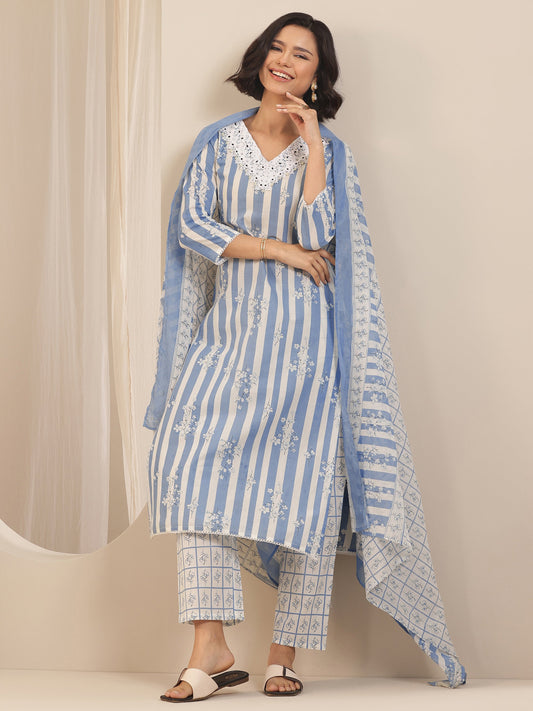 Blue Printed Cotton Straight Suit Sets With Dupatta
