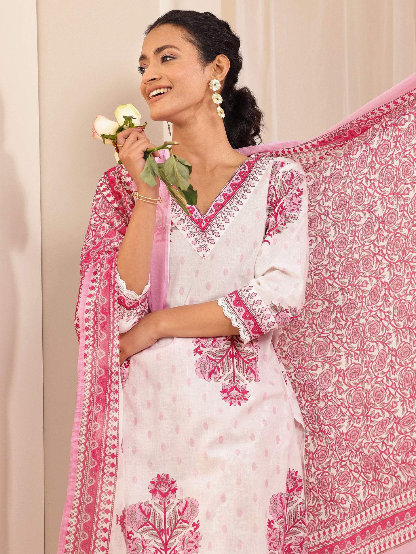 White Printed Cotton Straight Suit Sets With Dupatta