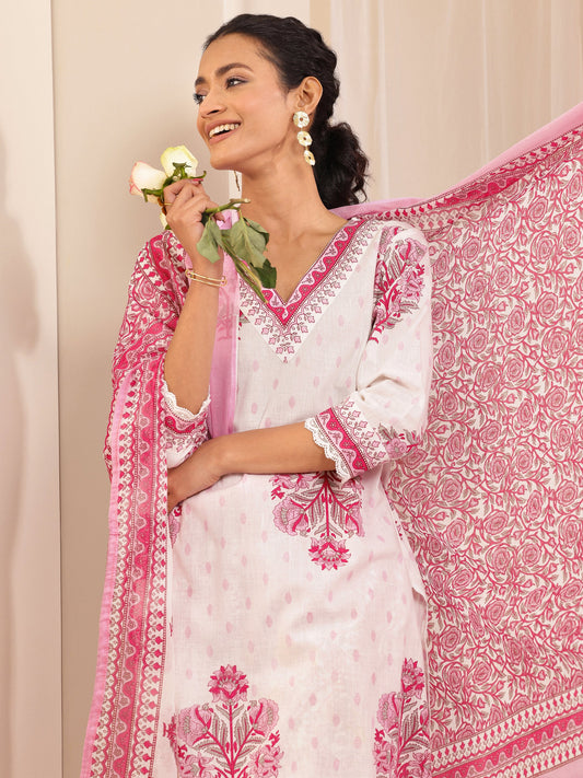 White Printed Cotton Straight Suit Sets With Dupatta