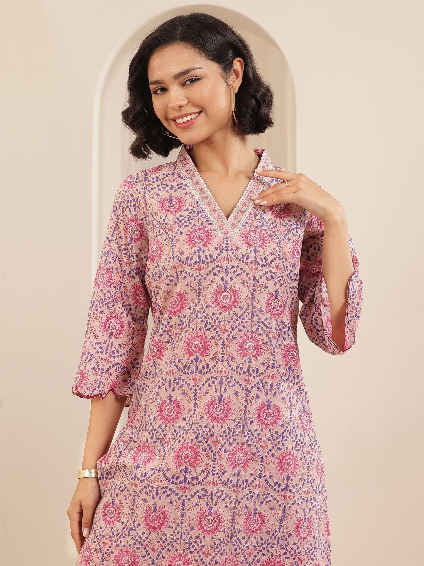 Pink Printed Cotton Straight Suit Sets With Dupatta