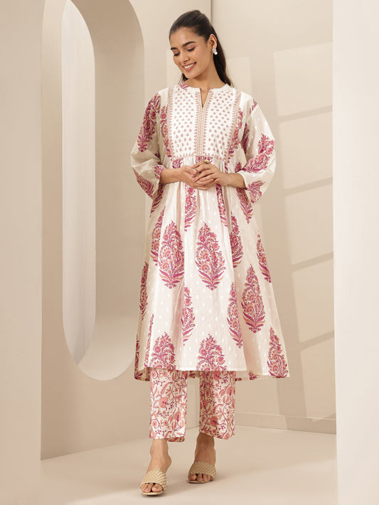 White Printed Cotton A-line Kurta Set