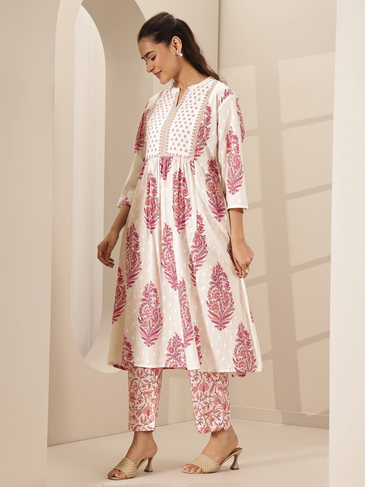 White Printed Cotton A-line Kurta Set