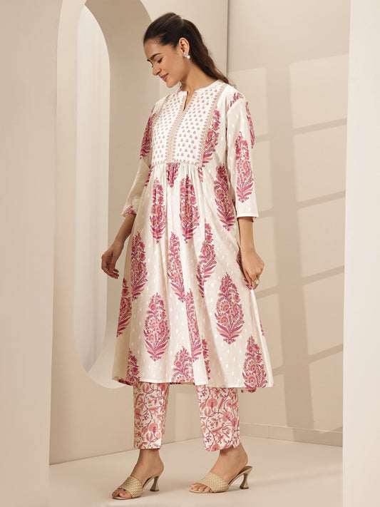 White Printed Cotton A-line Kurta Set