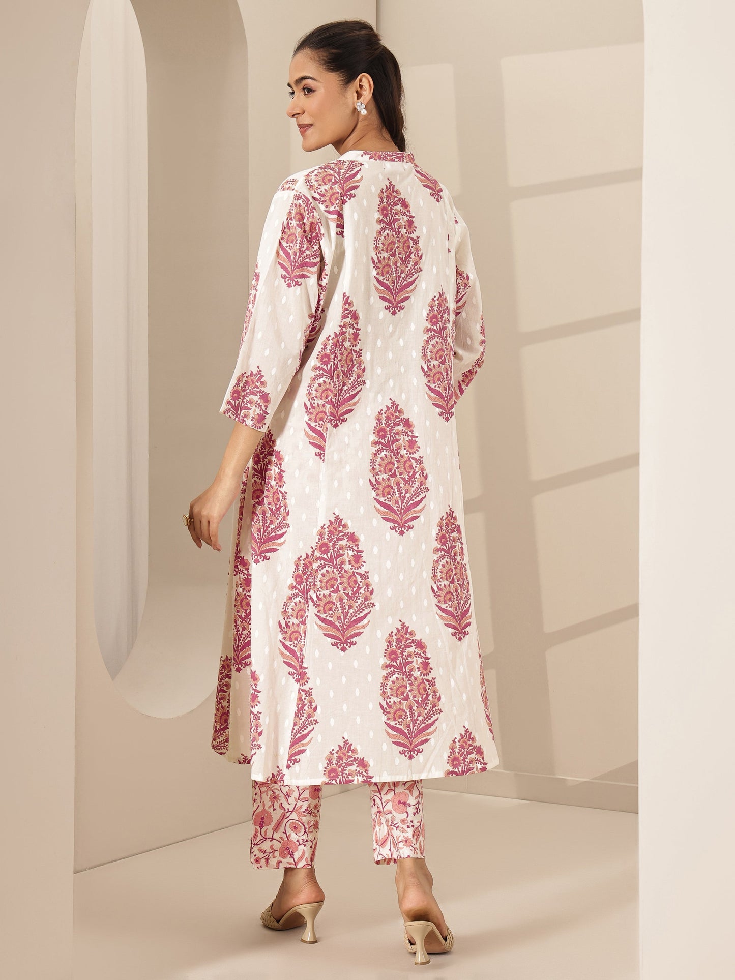 White Printed Cotton A-line Kurta Set