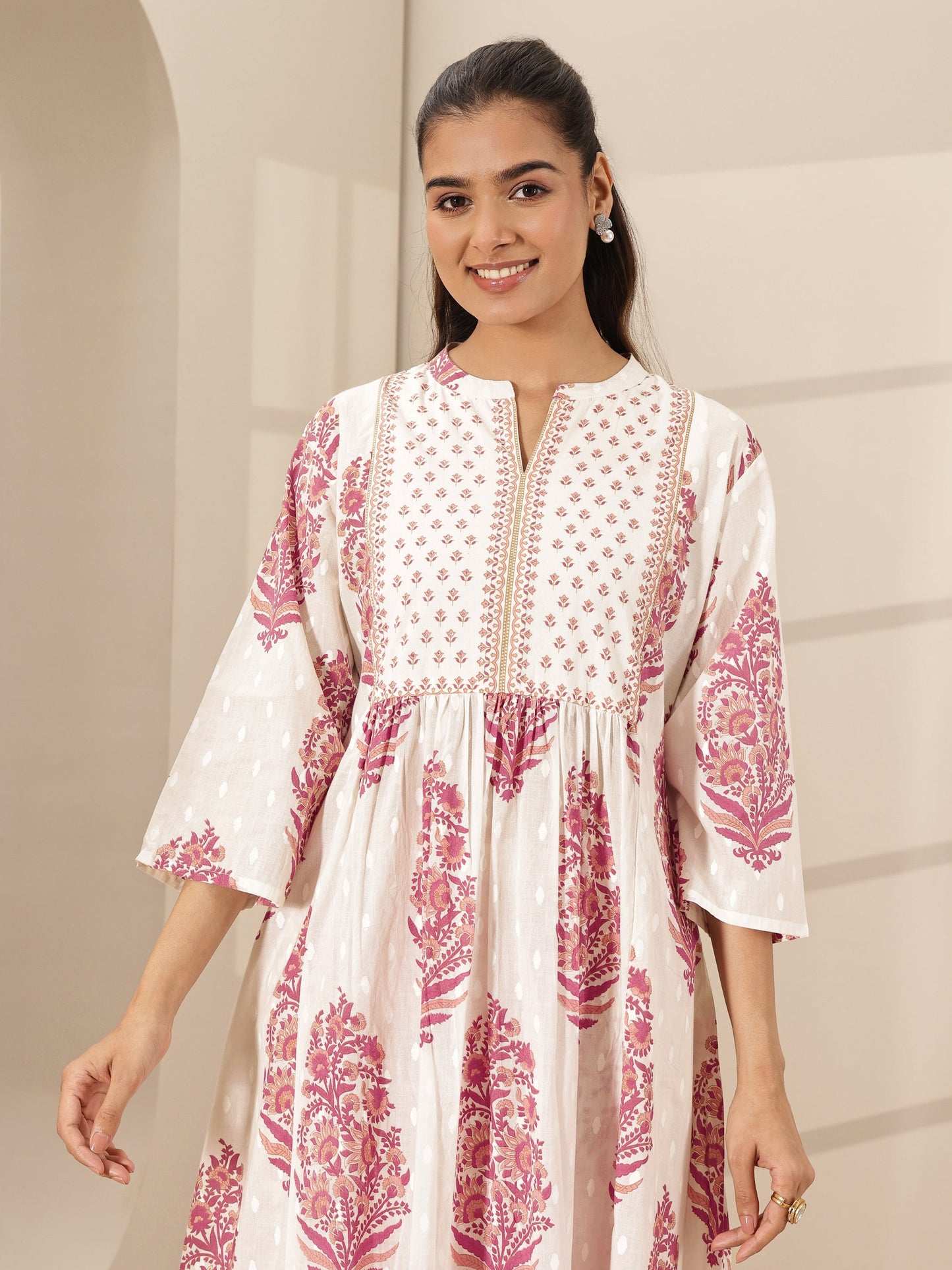 White Printed Cotton A-line Kurta Set