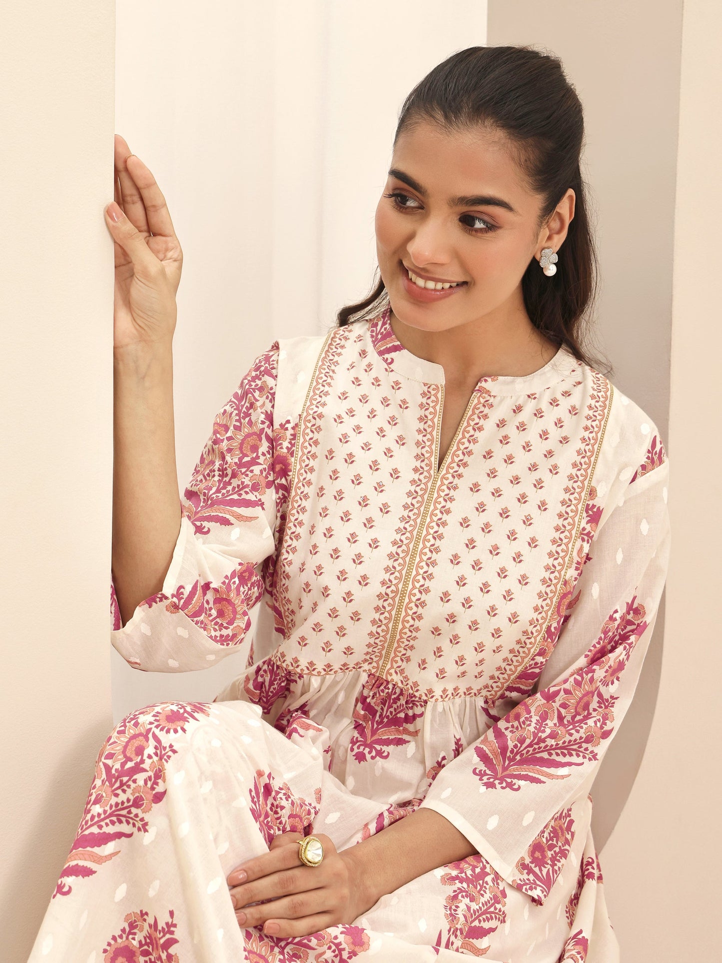 White Printed Cotton A-line Kurta Set