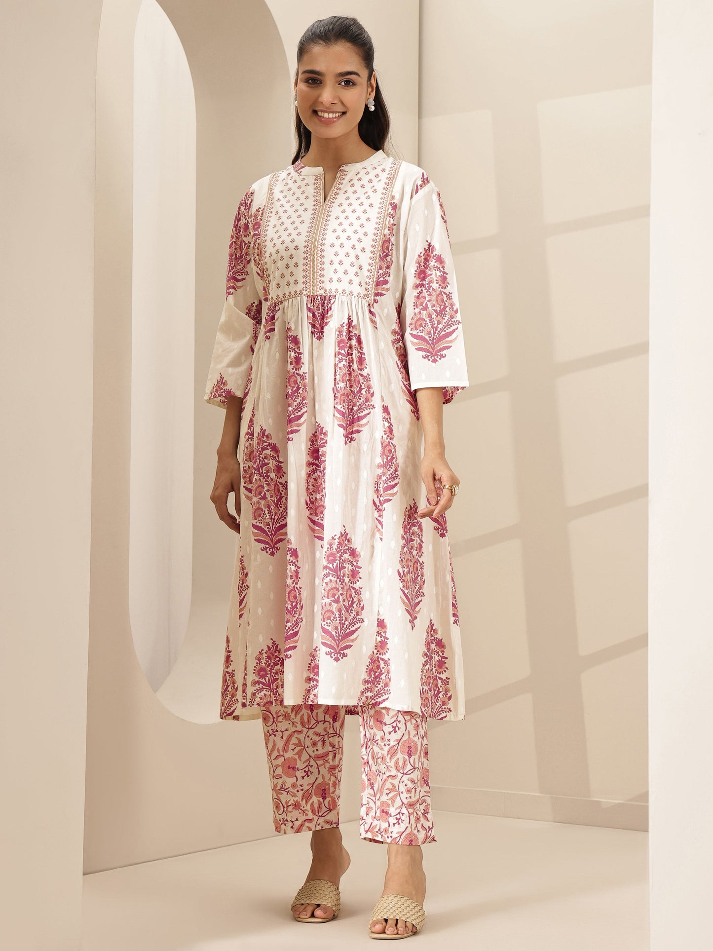White Printed Cotton A-line Kurta Set
