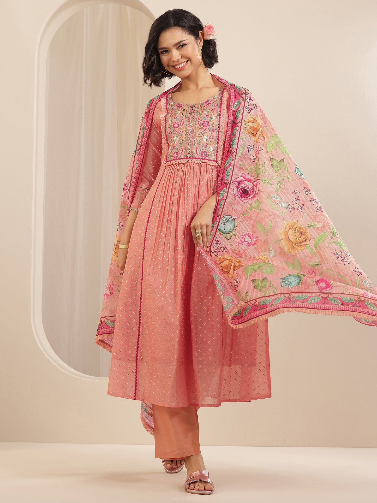 Peach Embroidered Chanderi Silk A-line Suit Sets With Dupatta