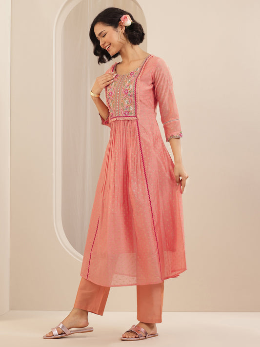 Peach Embroidered Chanderi Silk A-line Suit Sets With Dupatta