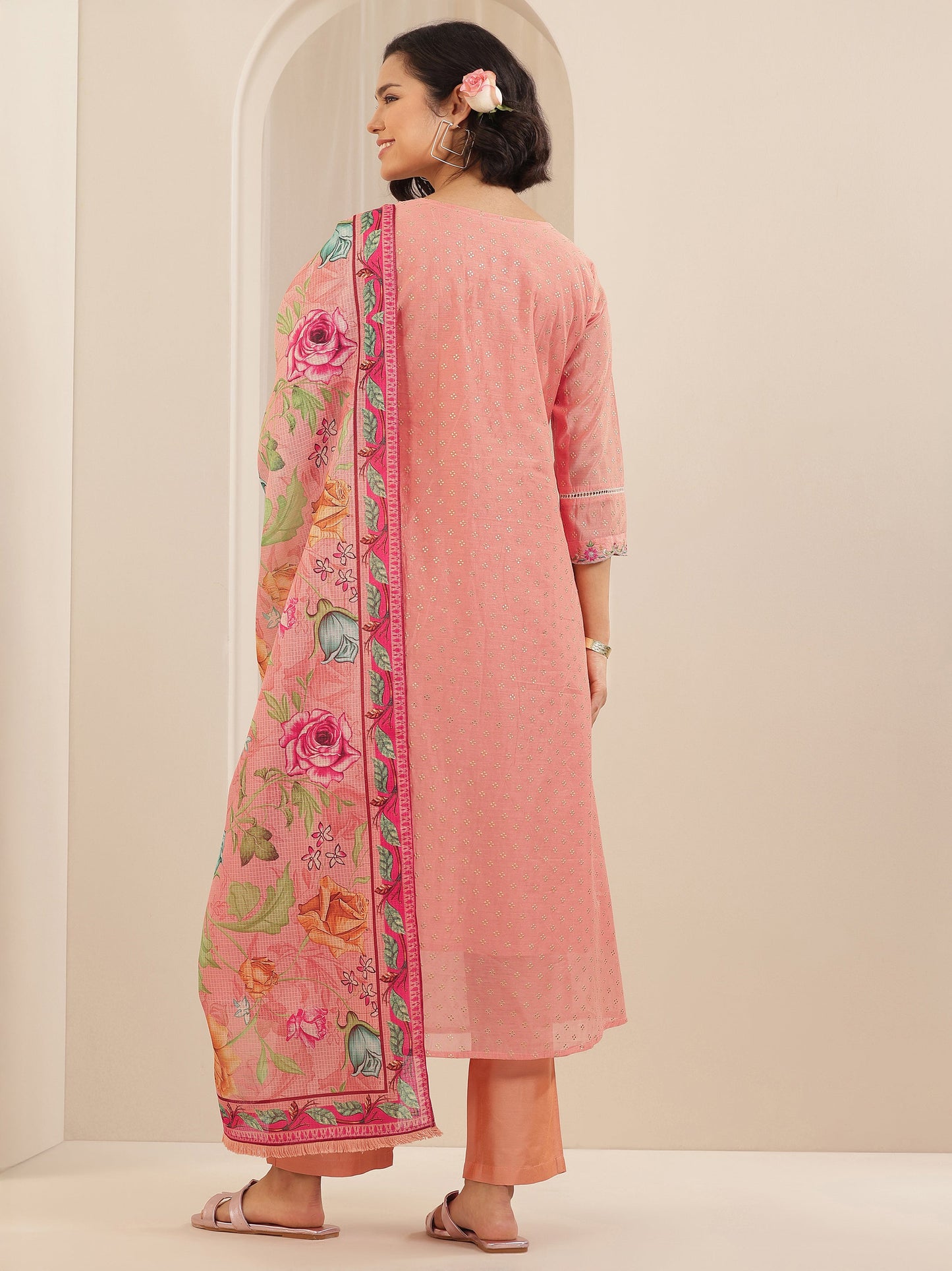 Peach Embroidered Chanderi Silk A-line Suit Sets With Dupatta