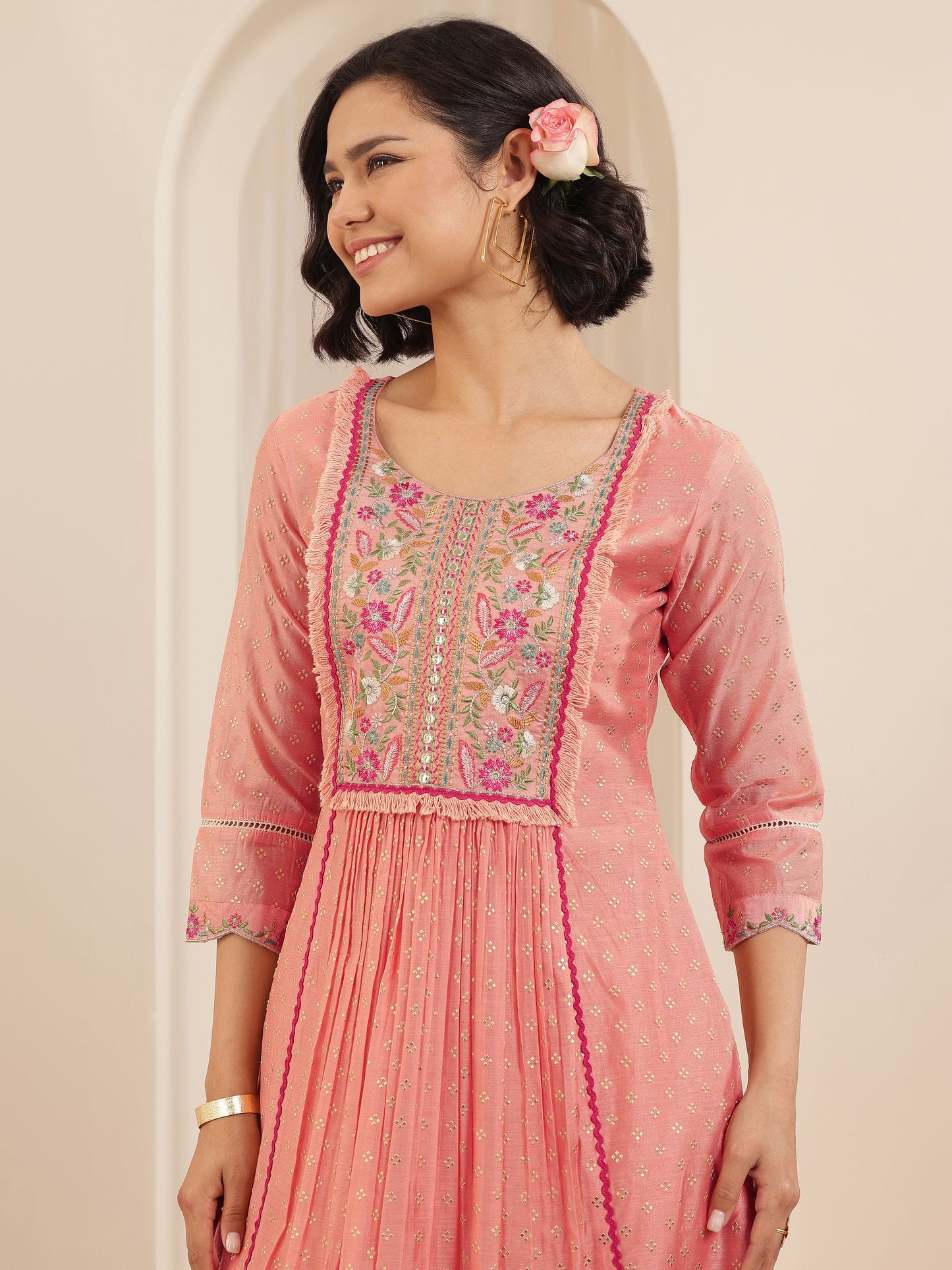 Peach Embroidered Chanderi Silk A-line Suit Sets With Dupatta