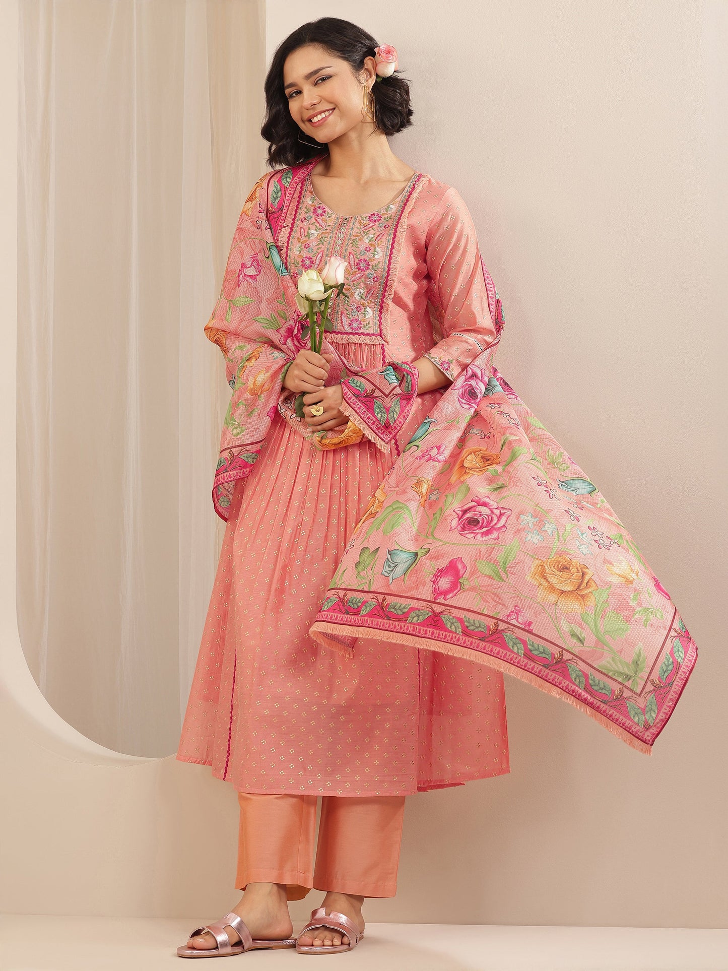Peach Embroidered Chanderi Silk A-line Suit Sets With Dupatta