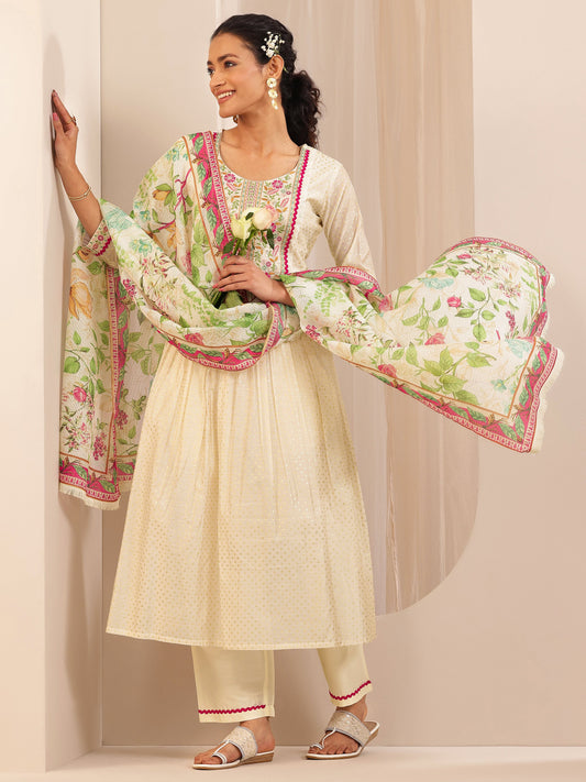 Off White Embroidered Chanderi Silk A-line Suit Sets With Dupatta