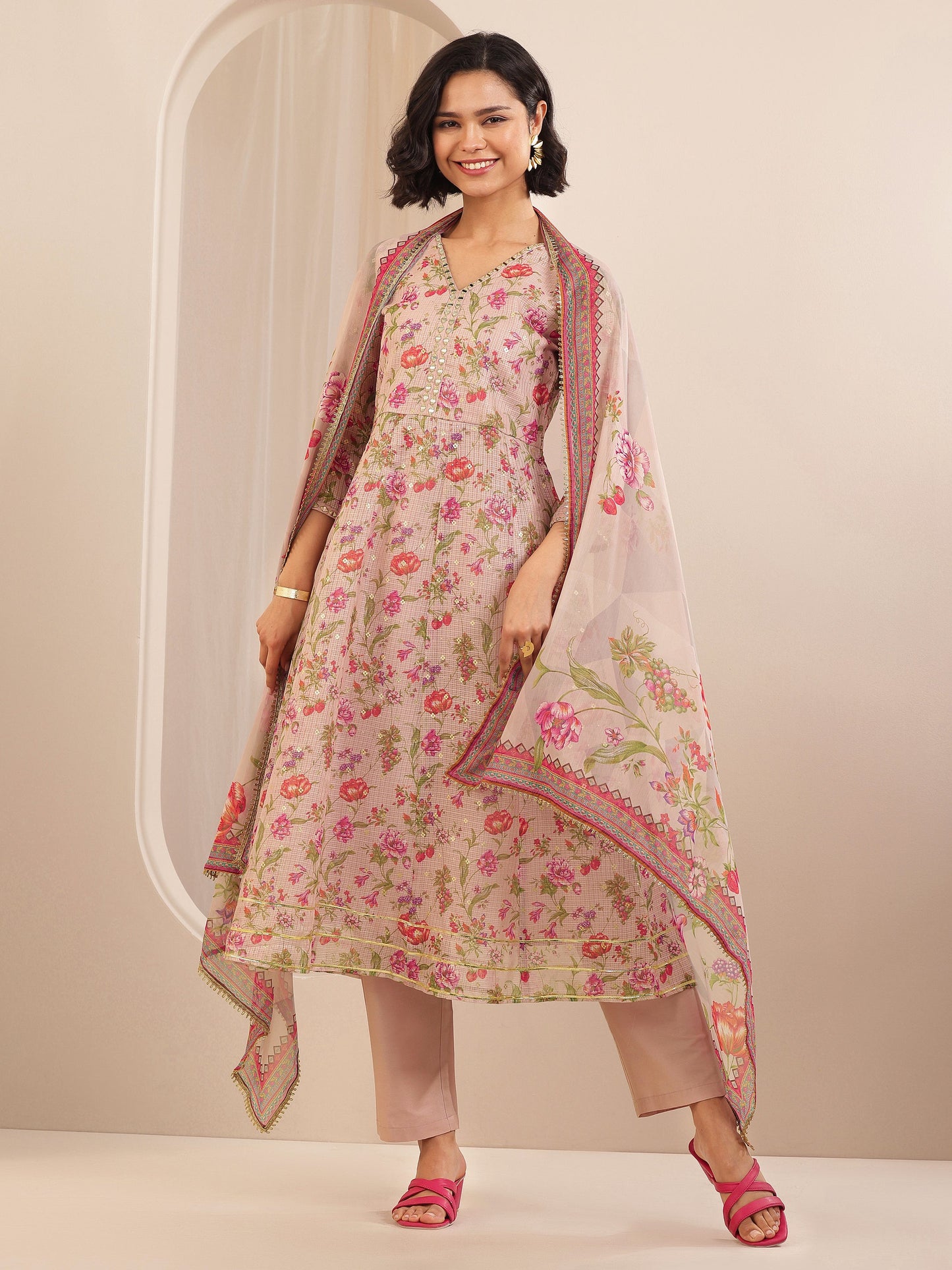 Pink Printed Silk Blend A-line Suit Sets With Dupatta