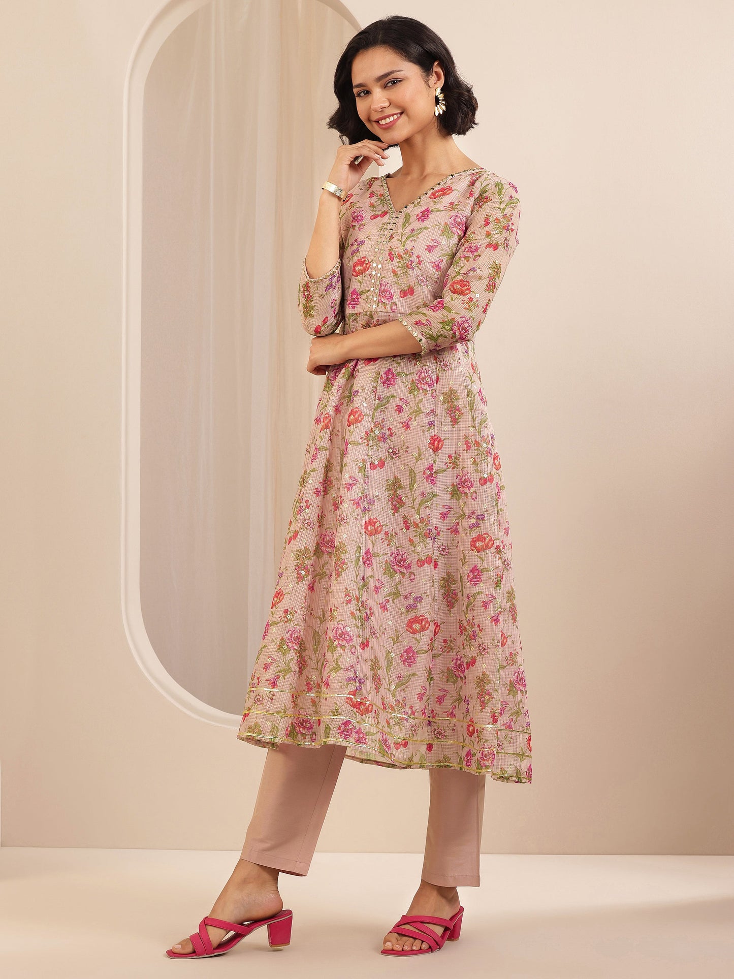 Pink Printed Silk Blend A-line Suit Sets With Dupatta