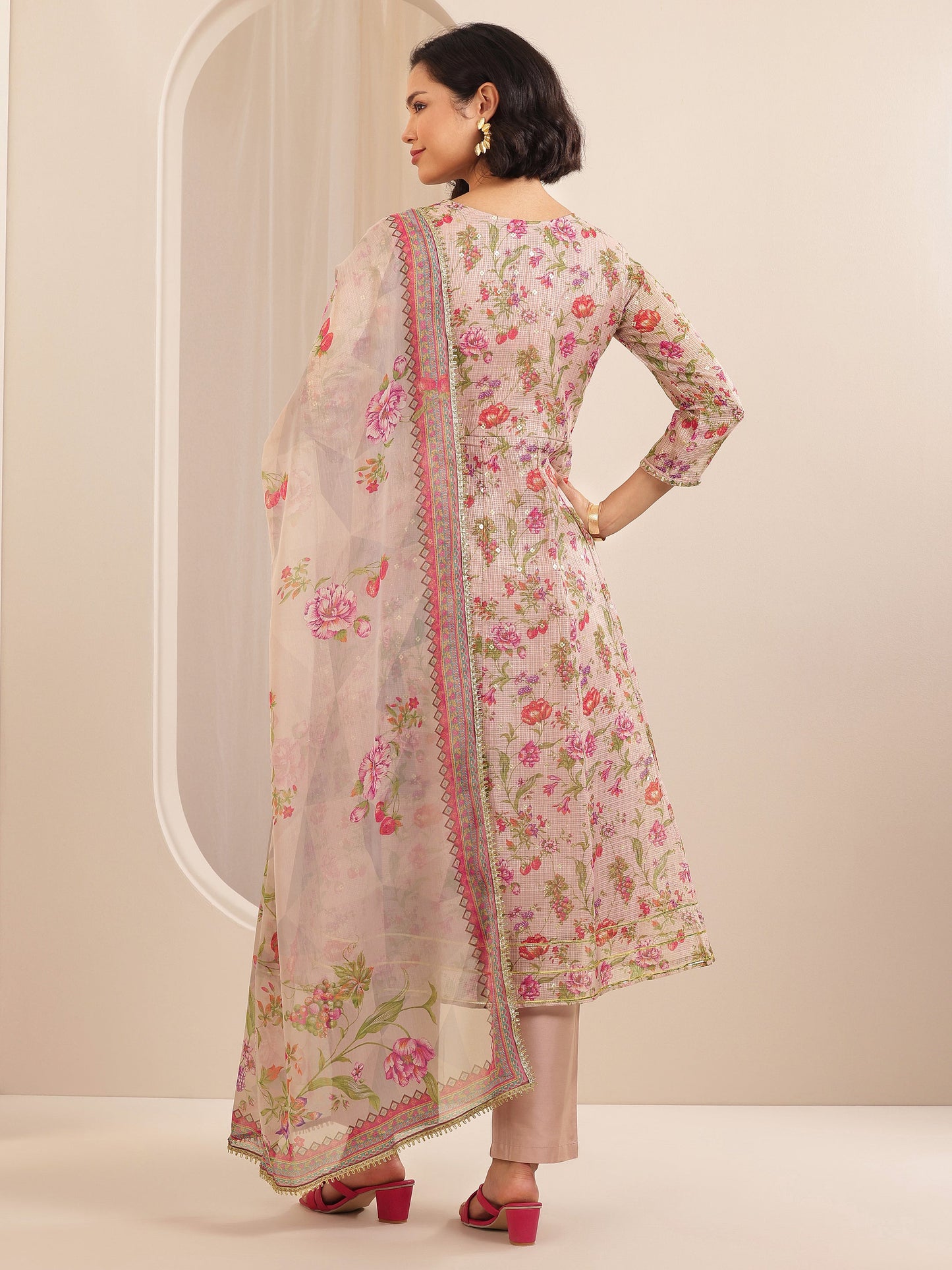 Pink Printed Silk Blend A-line Suit Sets With Dupatta