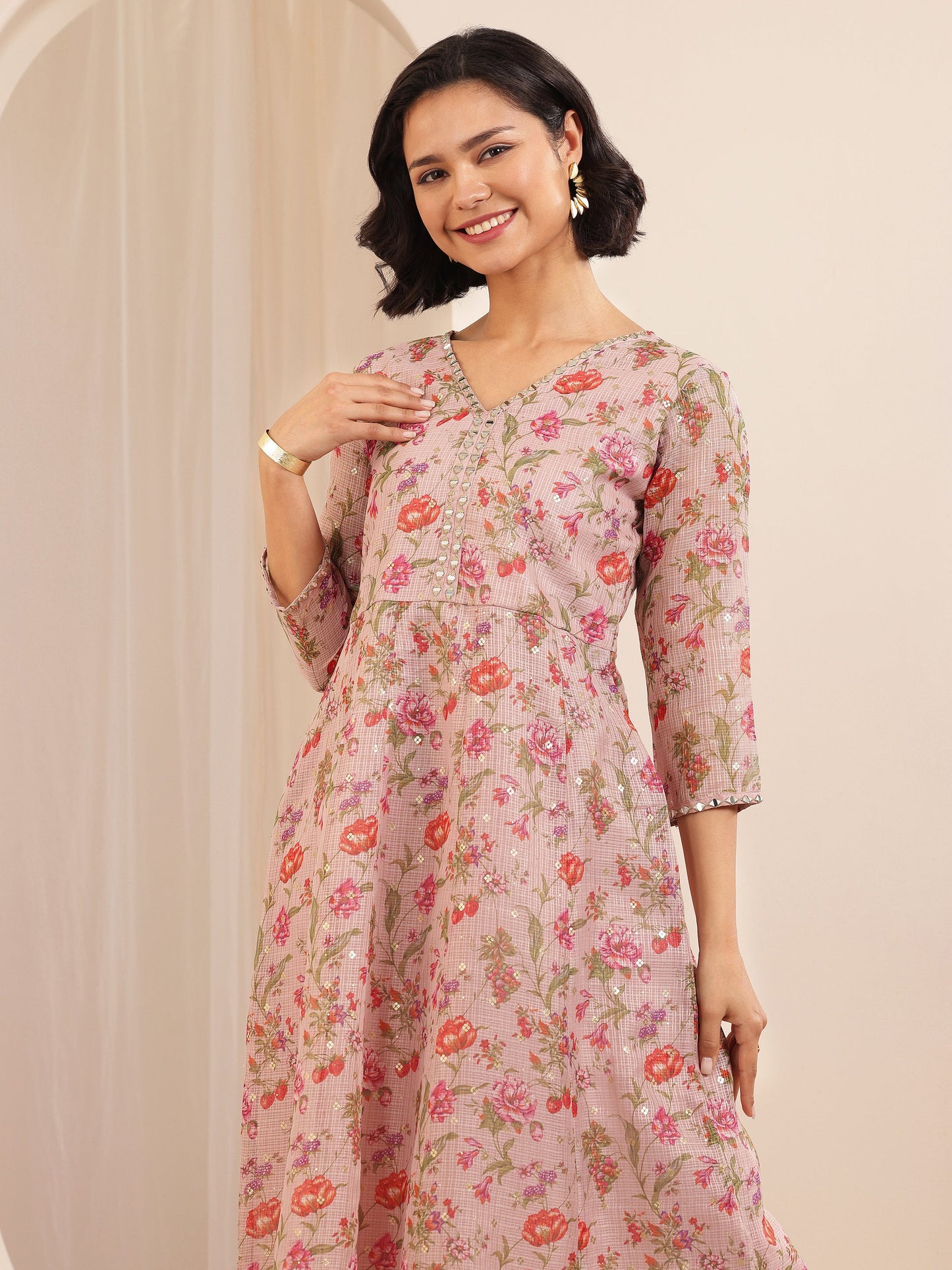 Pink Printed Silk Blend A-line Suit Sets With Dupatta