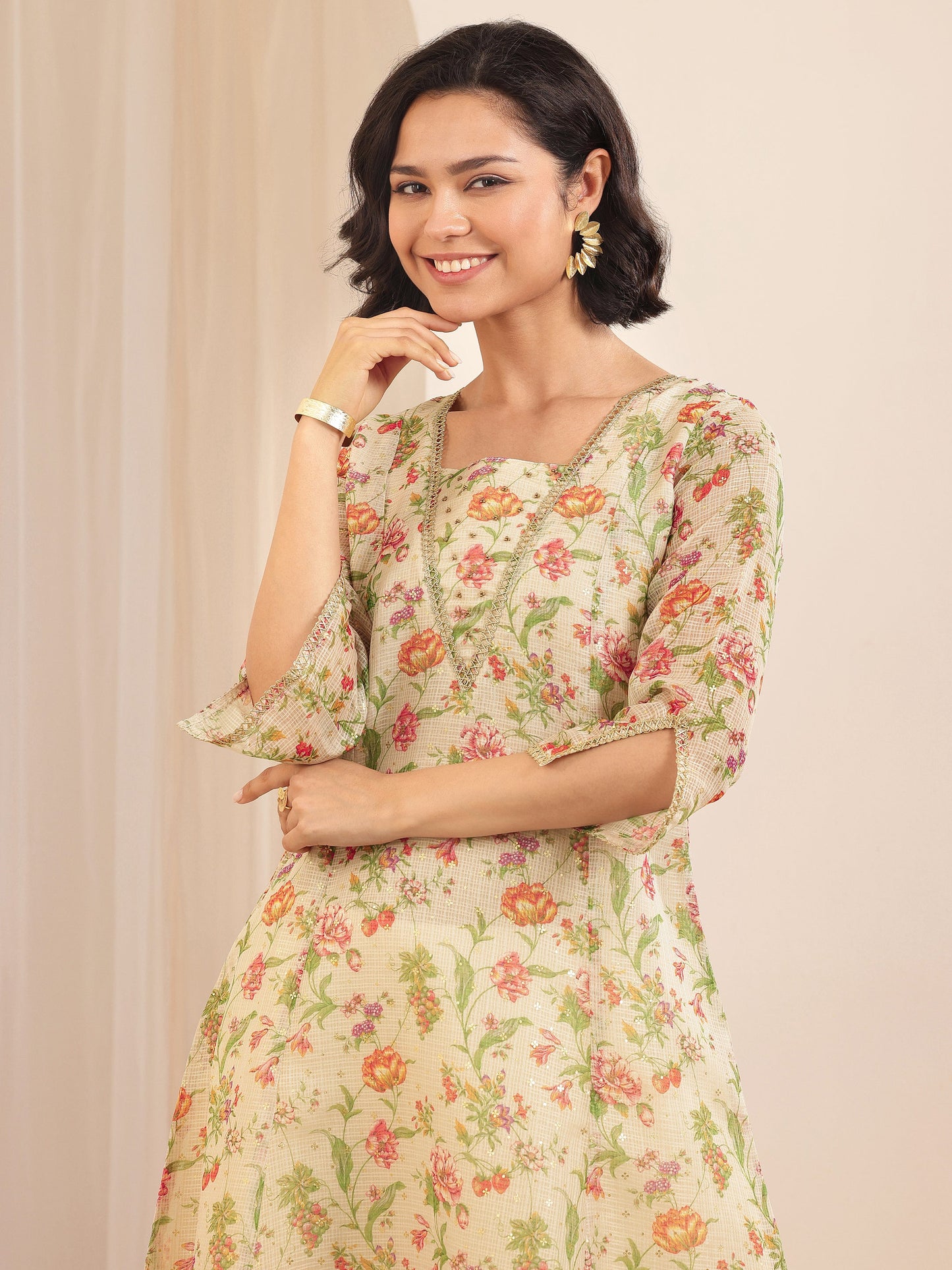 Beige Printed Silk Blend A-line Suit Sets With Dupatta