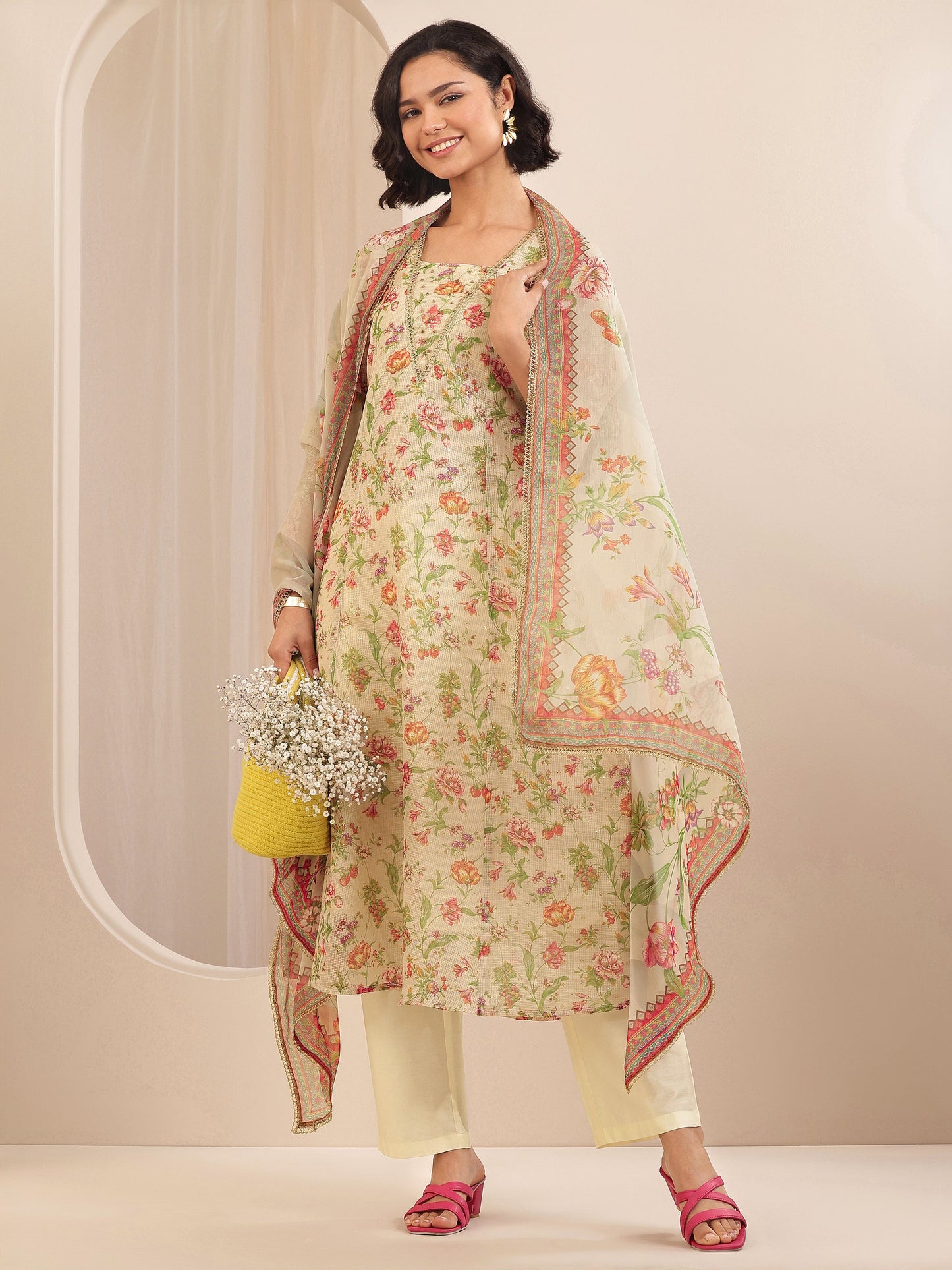 Beige Printed Silk Blend A-line Suit Sets With Dupatta