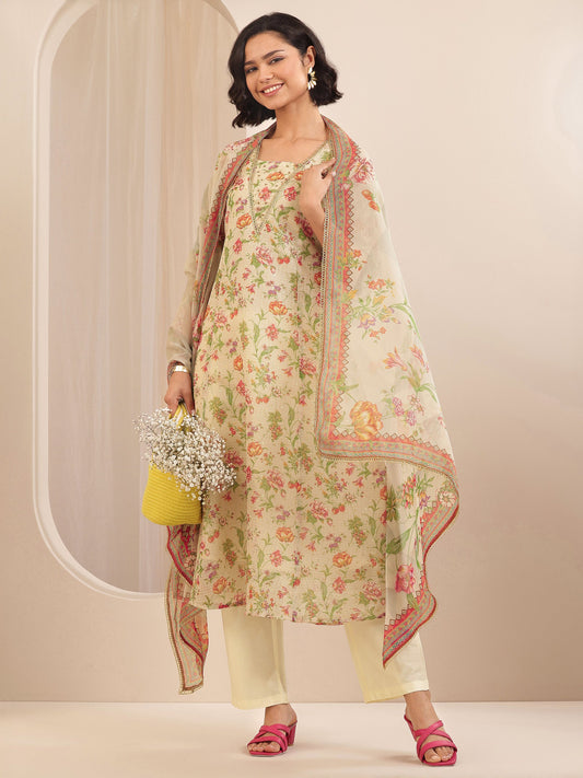 Beige Printed Silk Blend A-line Suit Sets With Dupatta