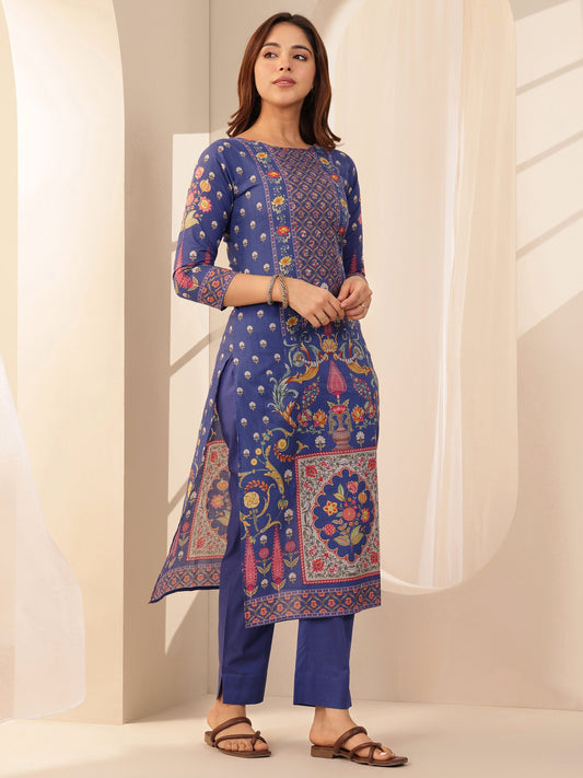 Blue Printed Cotton Straight Suit Sets With Dupatta